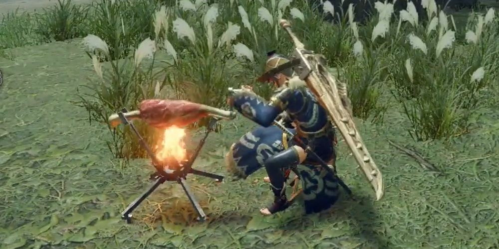 Monster Hunter: Rise, A Hunter Cooks A Piece Of Meat