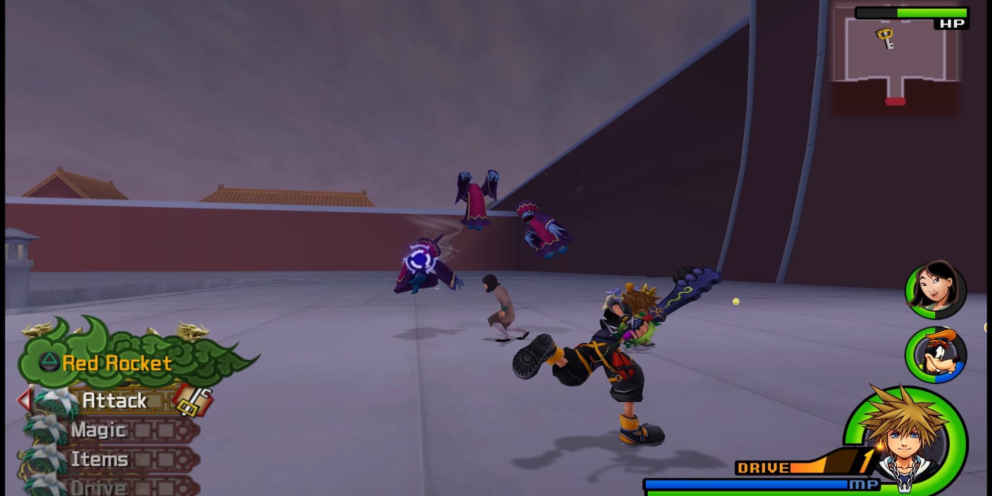 Mulan and Sora fighting Heartless in the Imperial City