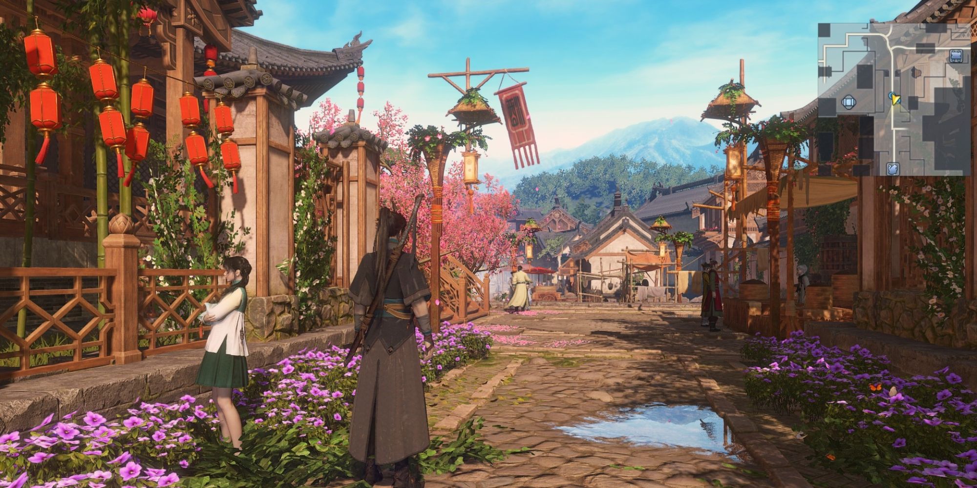 a wide shot of the protagonist from Gujian 3 walking through an ancient Chinese street with a mini-map in the top right
