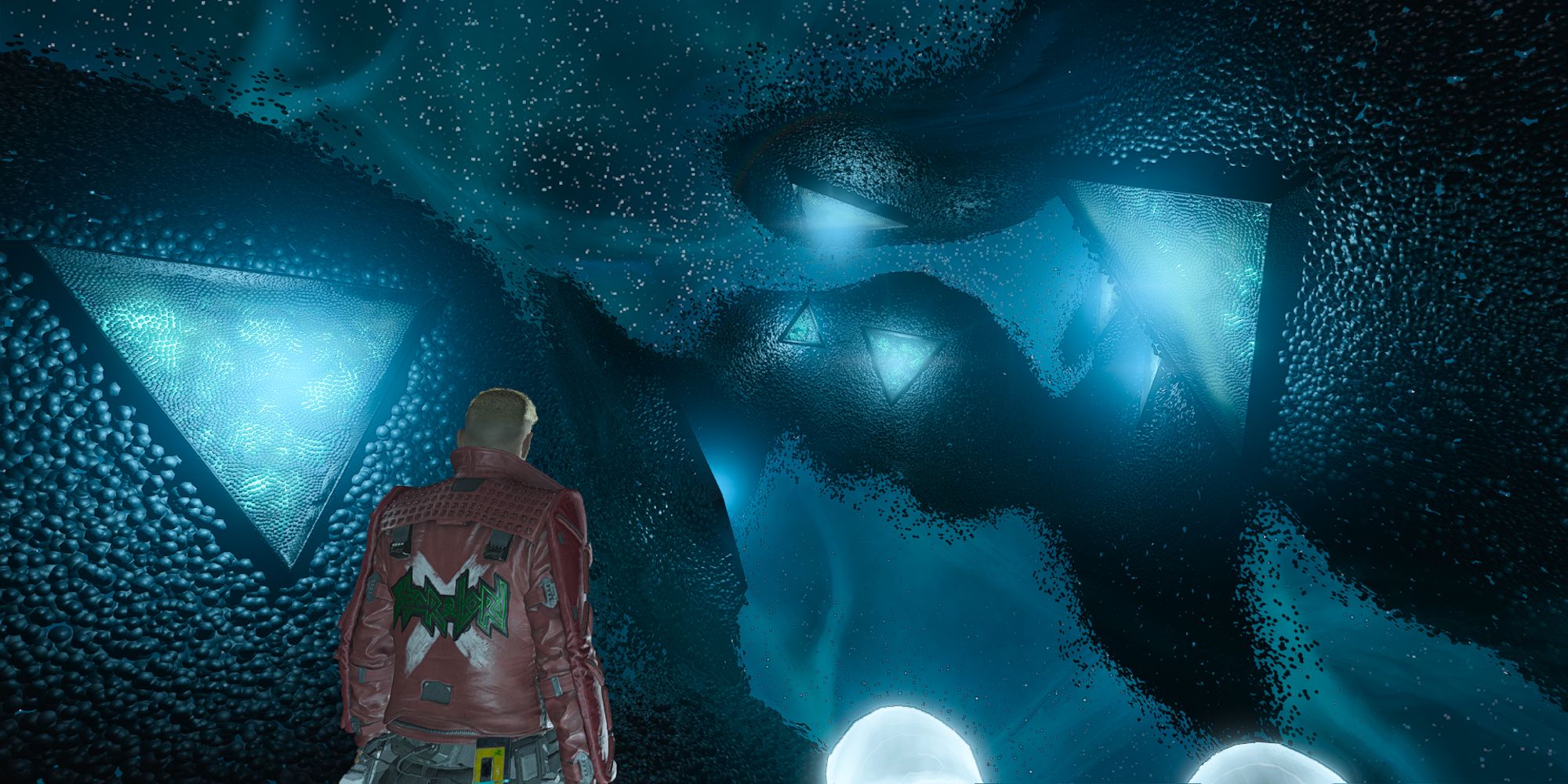 a wide shot of Peter Quill from Guardians of the Galaxy riding an ethereal hand through the Continuum Cortex