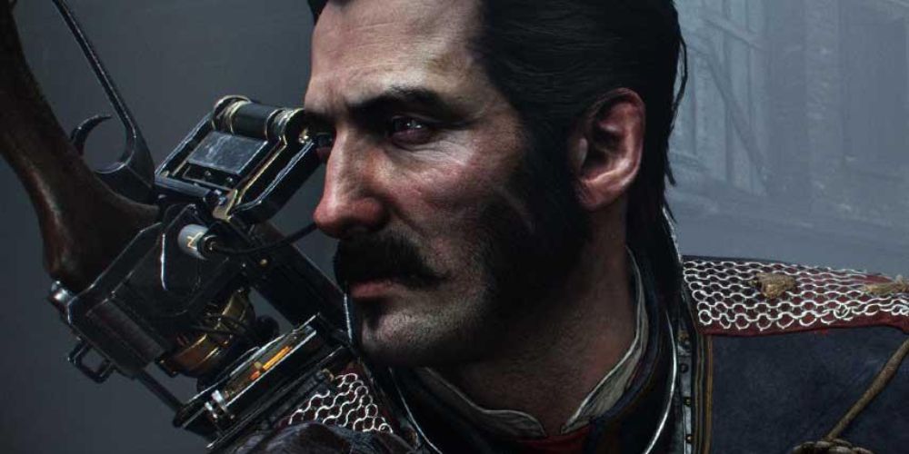 a close up of the side of Grayson from The Order: 1886's face, with a gun slung over his shoulder