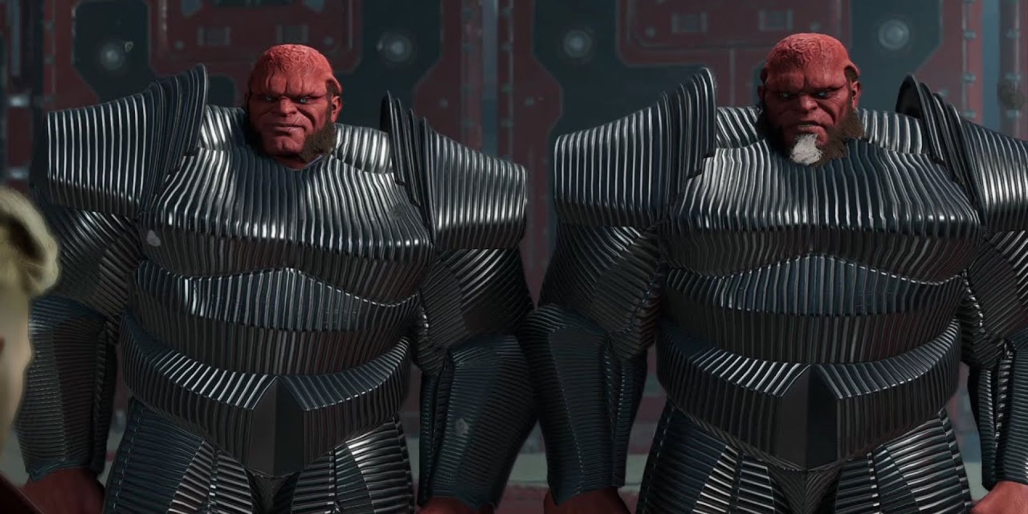 a wide shot of the Blood Brothers from Guardians of the Galaxy stood side by side in their armour
