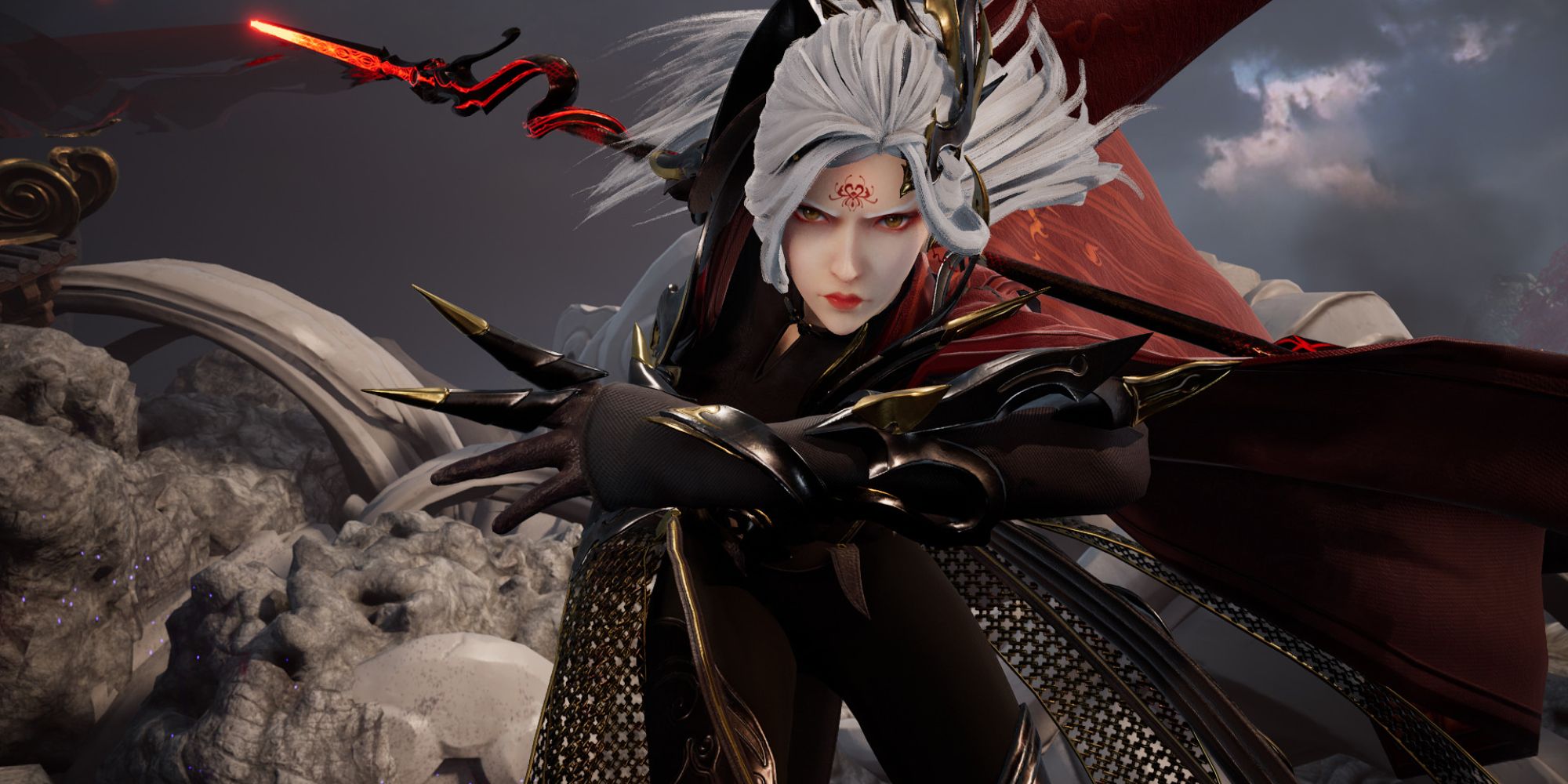 a mid shot of a armoured woman lunging towards the viewer with a spear held behind her back