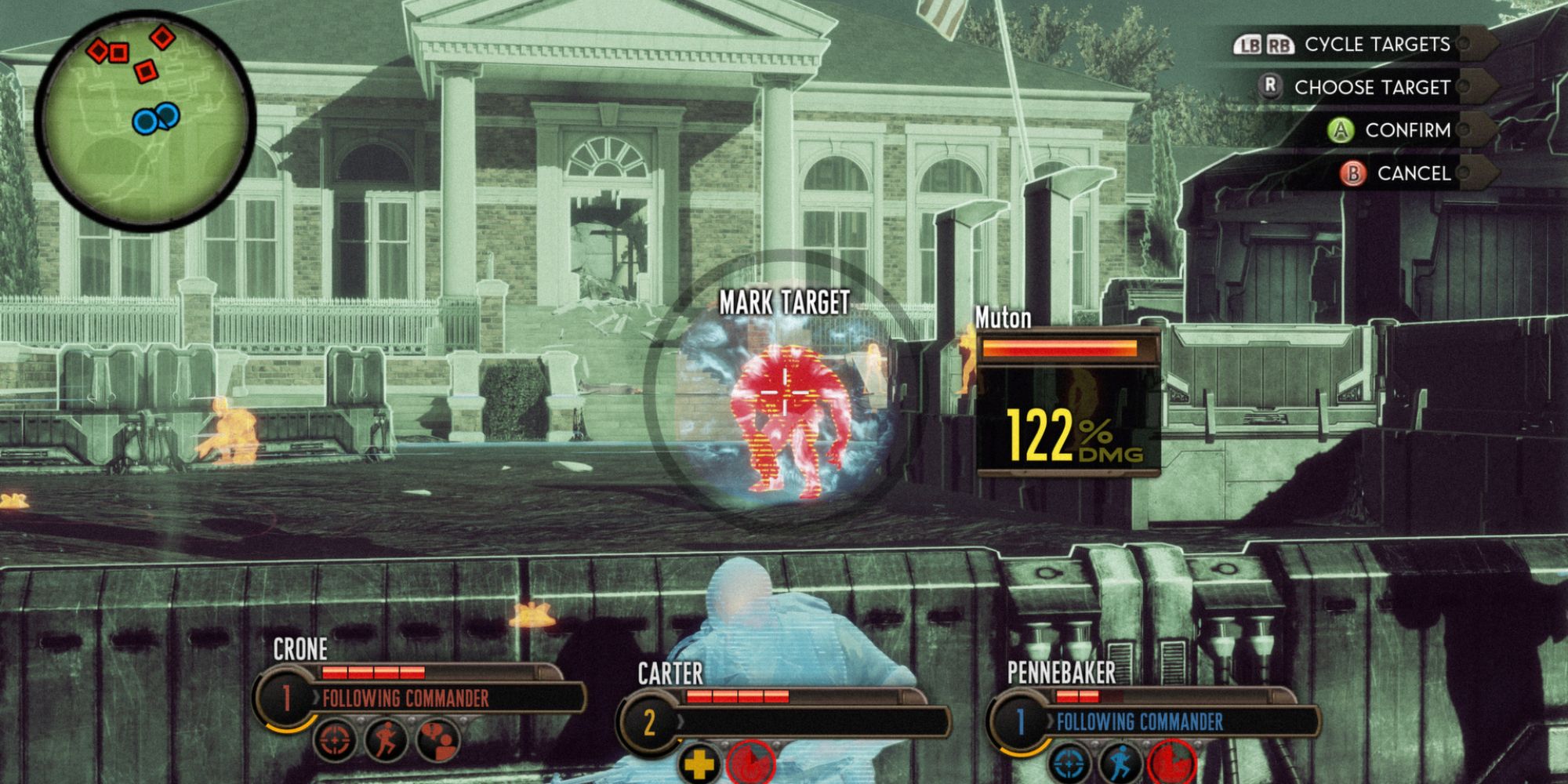 a wide angle shot of an approaching alien in front of an ornate building charging towards someone crouched behind a wall