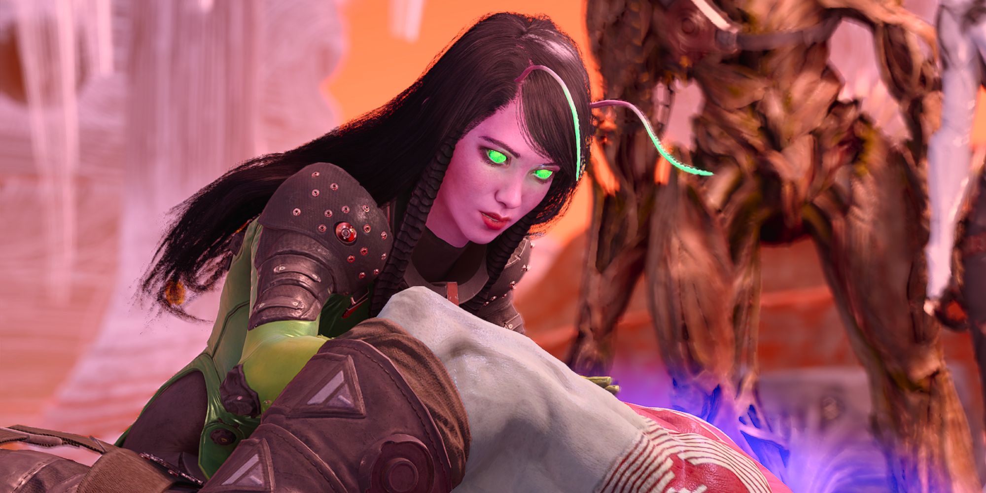 a mid shot of Mantis from Guardians of the Galaxy knelt over Drax's body with her eyes glowing with Groot in the background