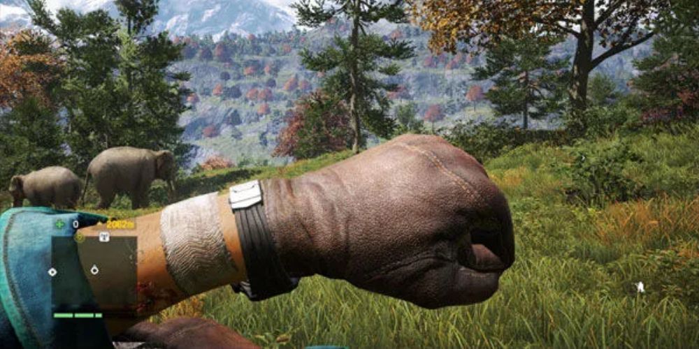 a POV shot of someone wrapping bandages around their arm while elephants roam grassy plains in the distance