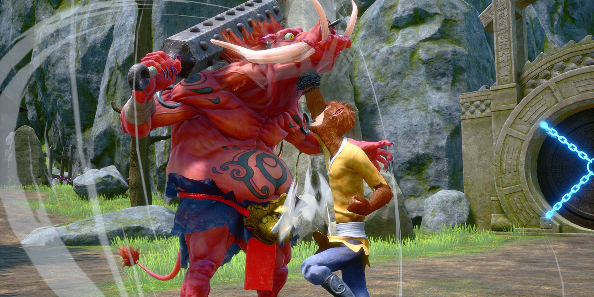 a wide shot of Sun Wukong punching a red boar creature in the face with a blocked off gate and rocky clifface in the background