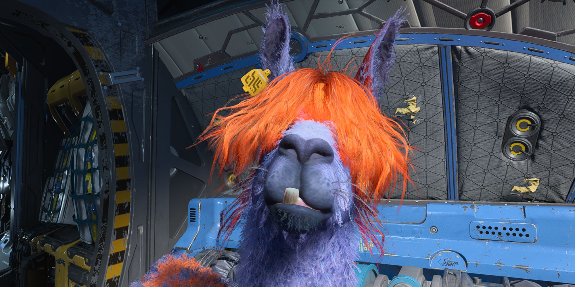 a close up of the Space Llama (aka Kammy) from Guardians of the Galaxy looking straight at the viewer with its hair in its eyes