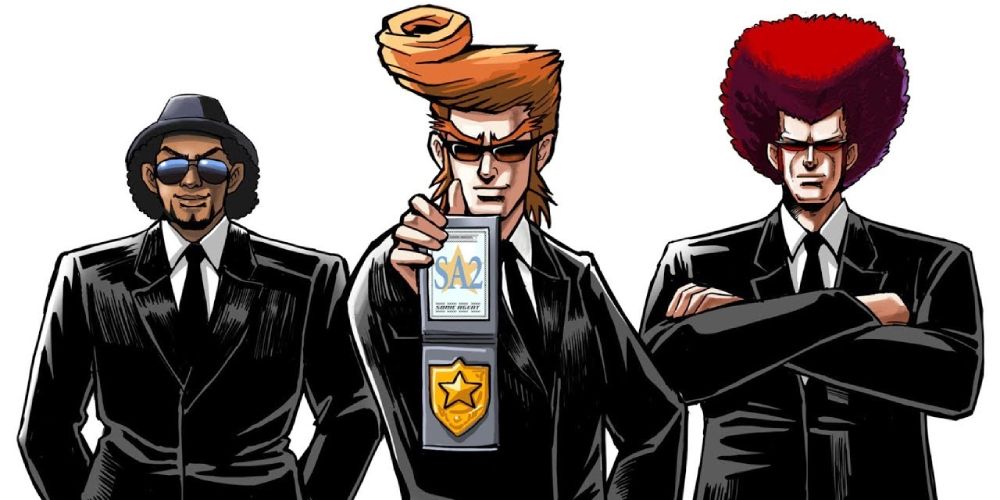 a mid shot of Agent Morris (on the left), Agent J holding his badge up (in the middle) and Agent Derek (on the right) against a white background