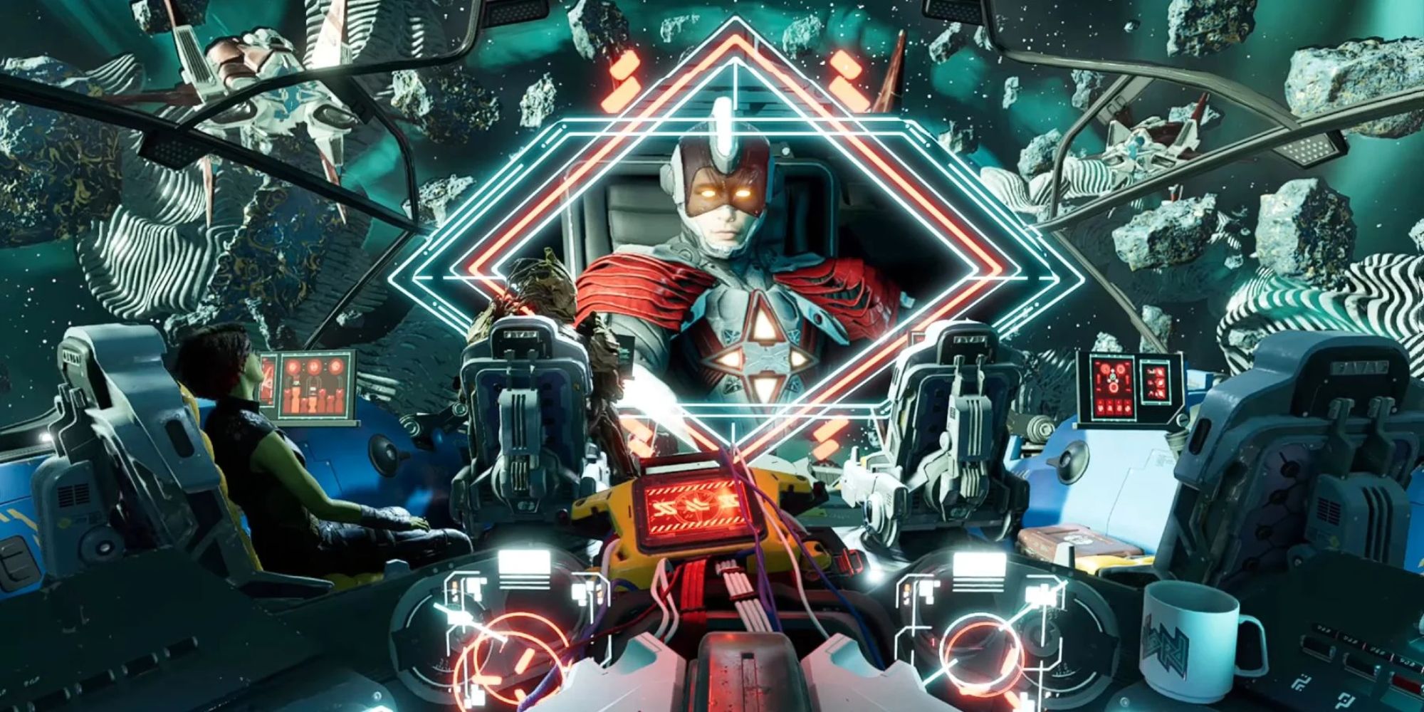 a wide shot of the cockpit of the Milano from Guardians of the Galaxy with a projection of Captain Glory up 