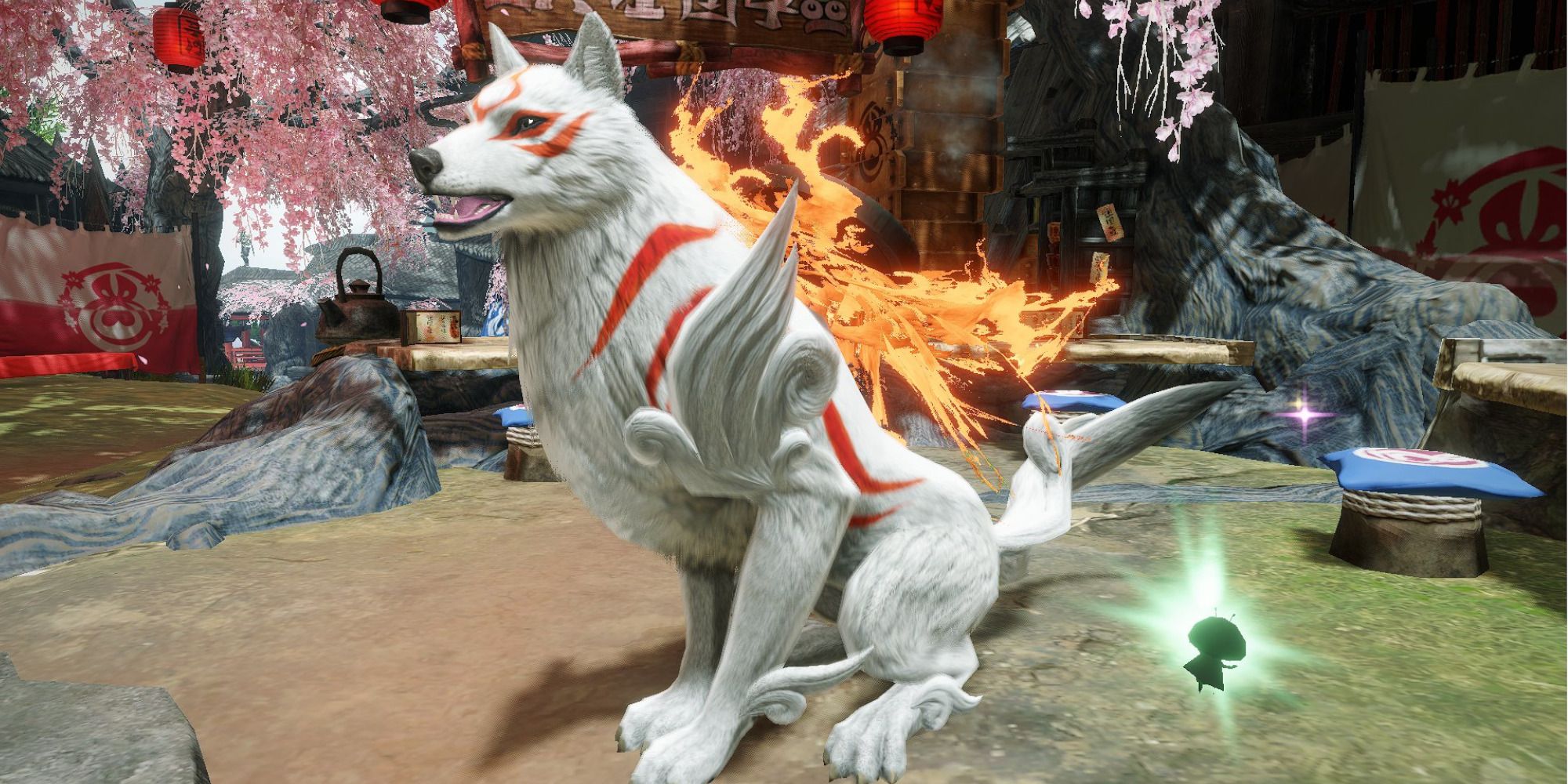 Okami screenshot of white wolf Amaterasu Sitting like a good girl