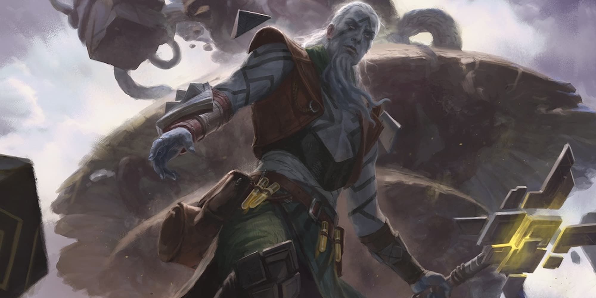 Perspective shot from below of Orah wielding a staff in his left hand