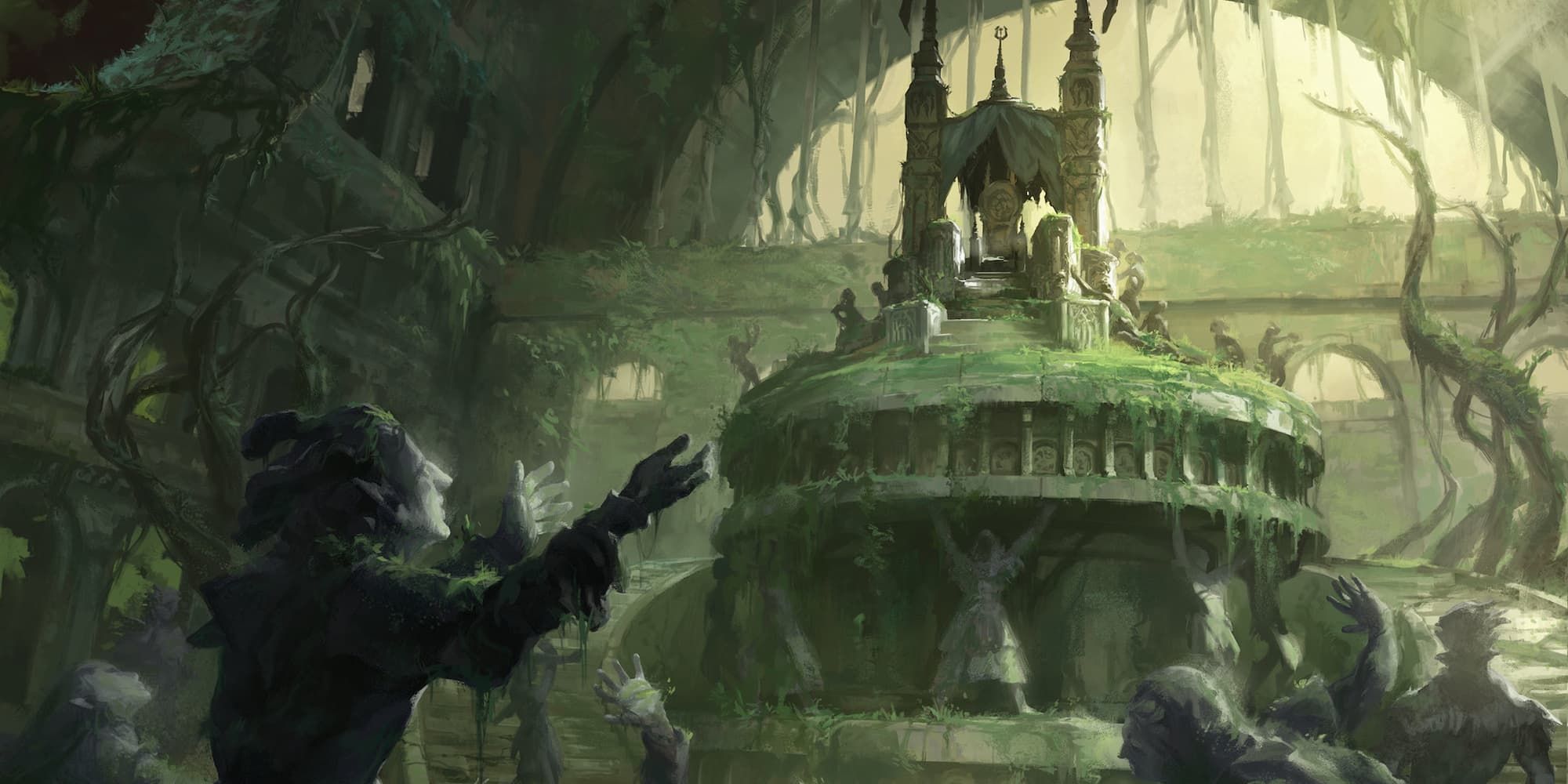 A group of people gathered around a tomb covered in plant life