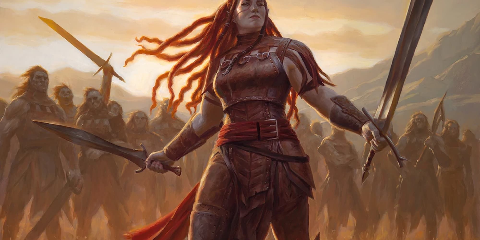 Radha brandishing two swords with her troops behind her
