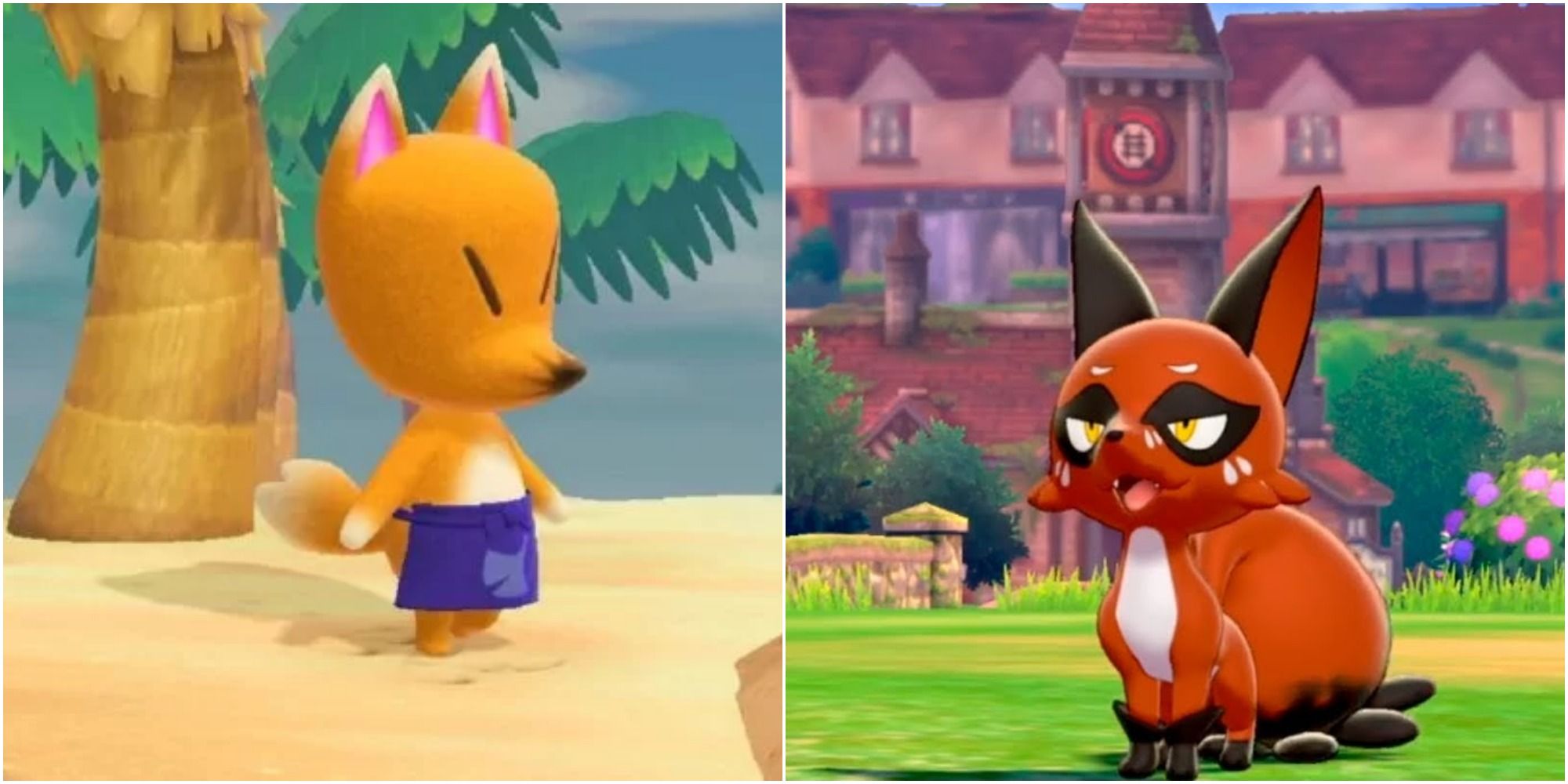 Split image screenshots of Redd in New Horizons and Nickit in Pokemon Sword and Shield.