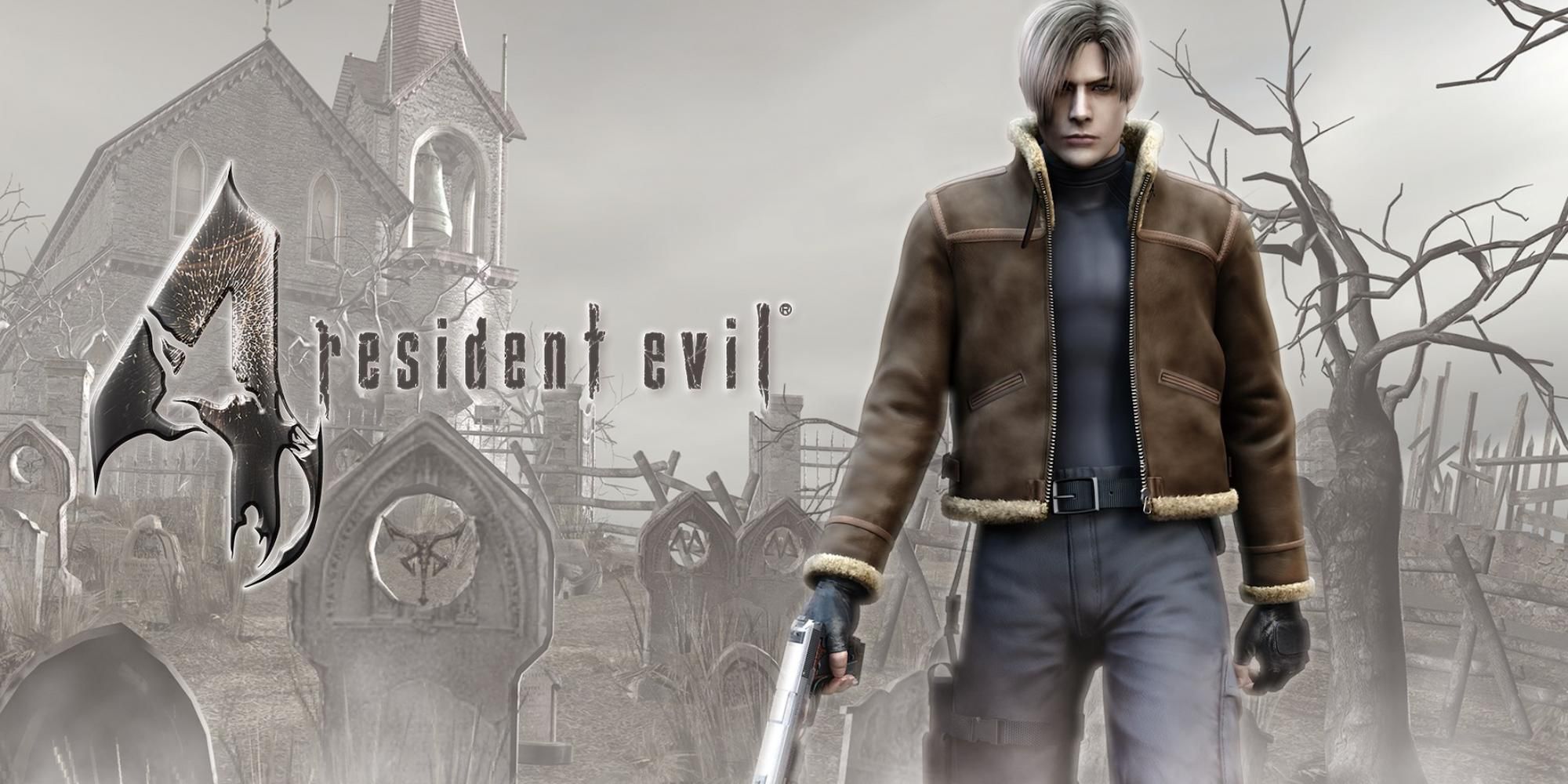 Leon Kennedy stands in front of a graveyard while the Resident Evil 4 logo floats beside him