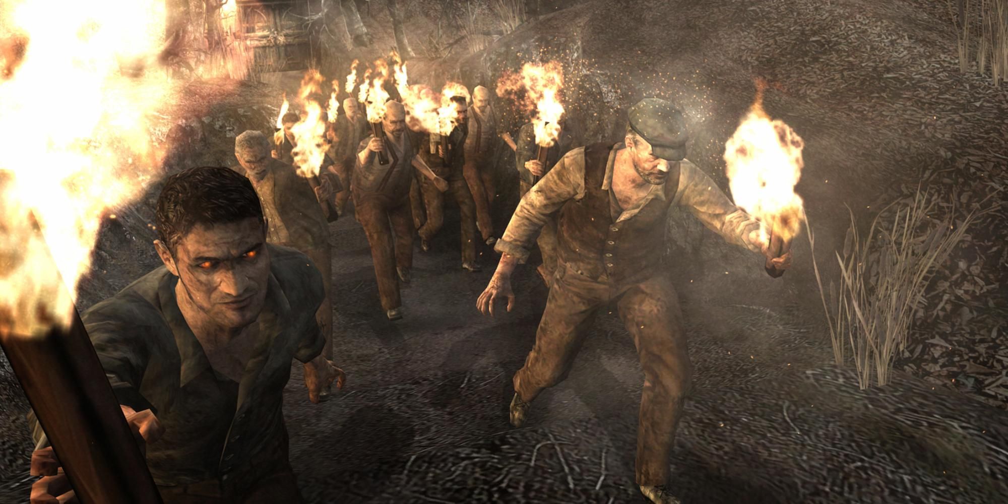 Villagers with torches walk through a village while pursuing Leon Kennedy, who is offscreen
