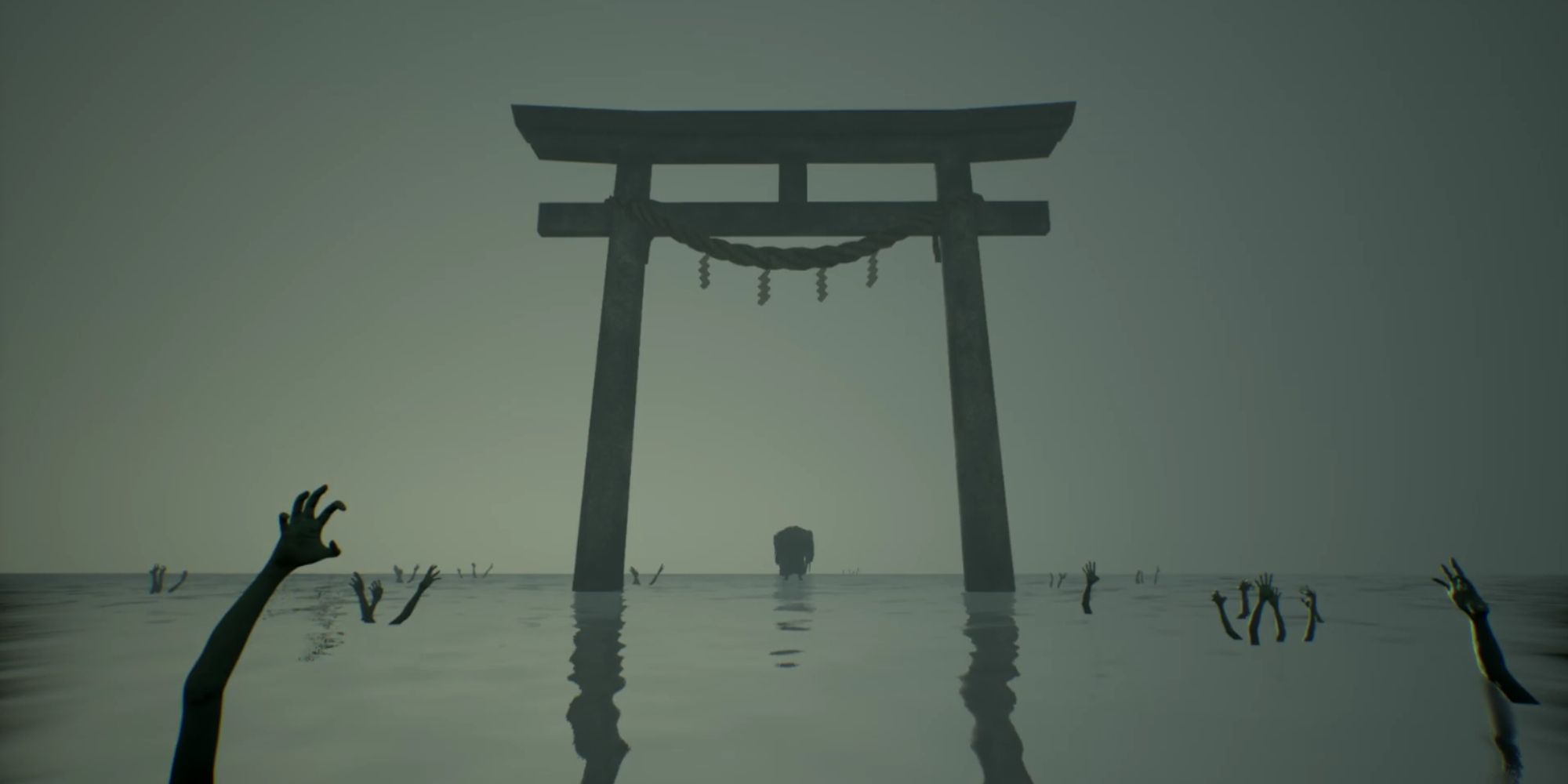 A torii gate with hands extending toward it in the water under a grey sky in Ikai.
