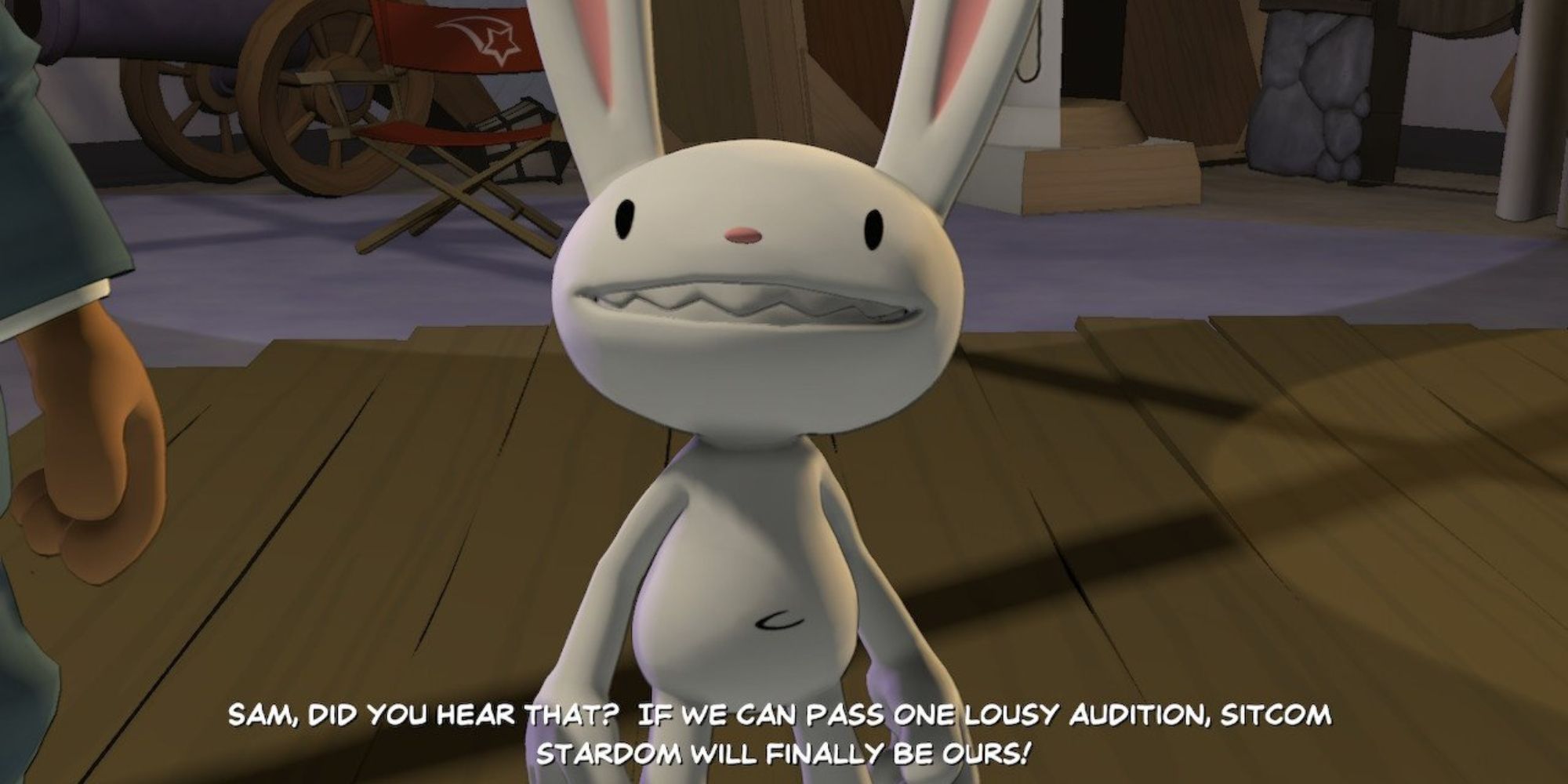 Sam and Max: Max cracks a joke at the expense of TV sitcoms in Sam & Max Save the World.