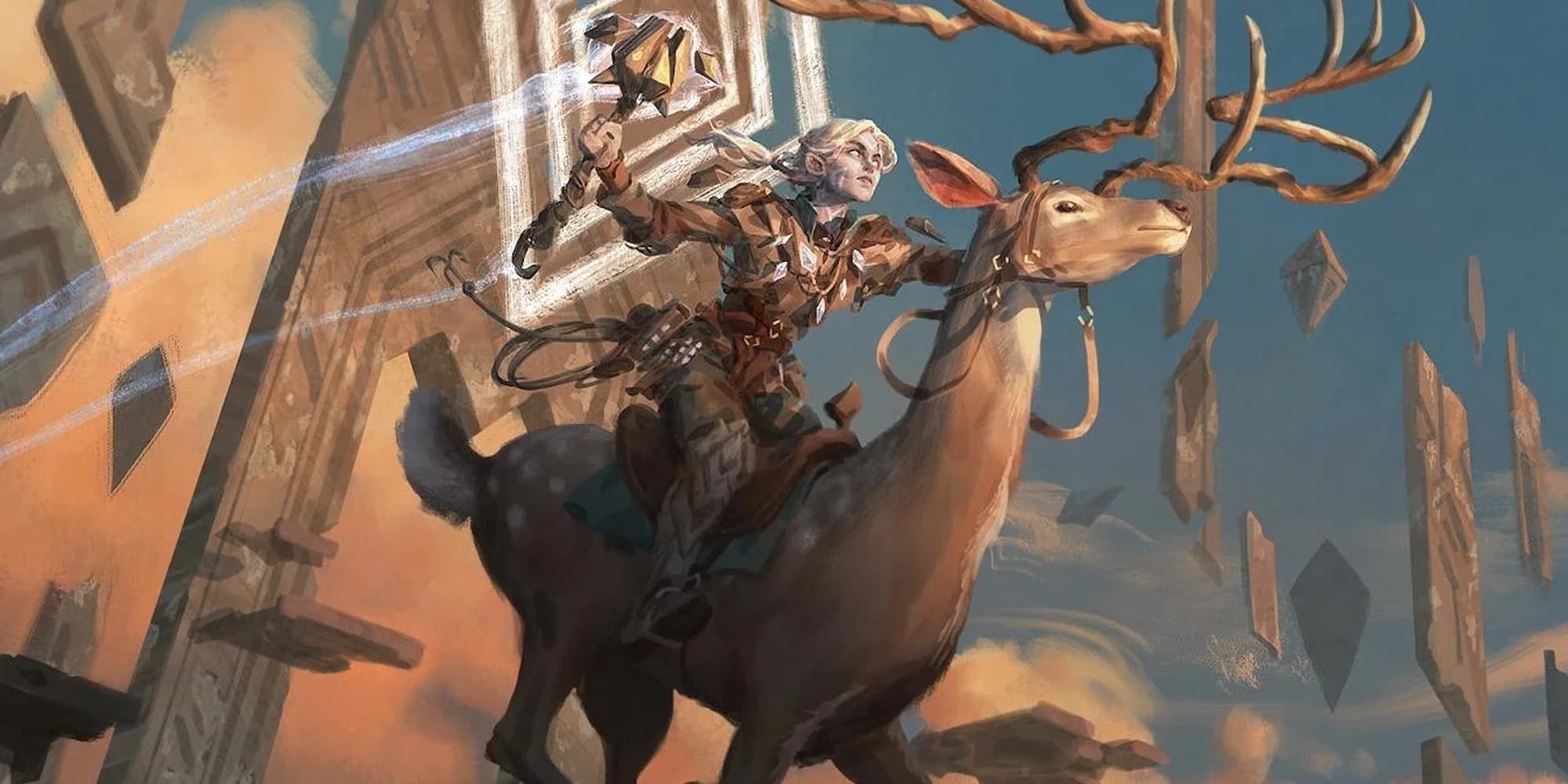 A Skyclave Cleric riding on the back of a giant deer