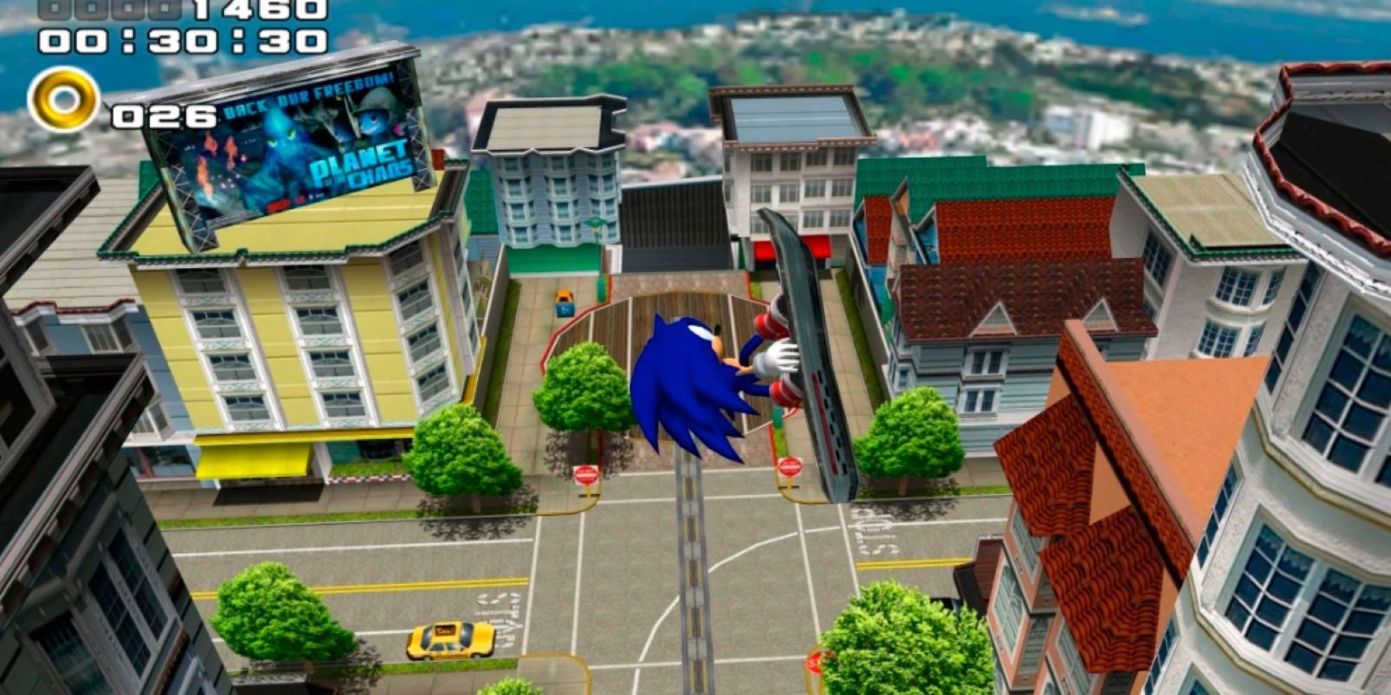 Sonic gets some air in the City Escape level from Sonic Adventure 2.