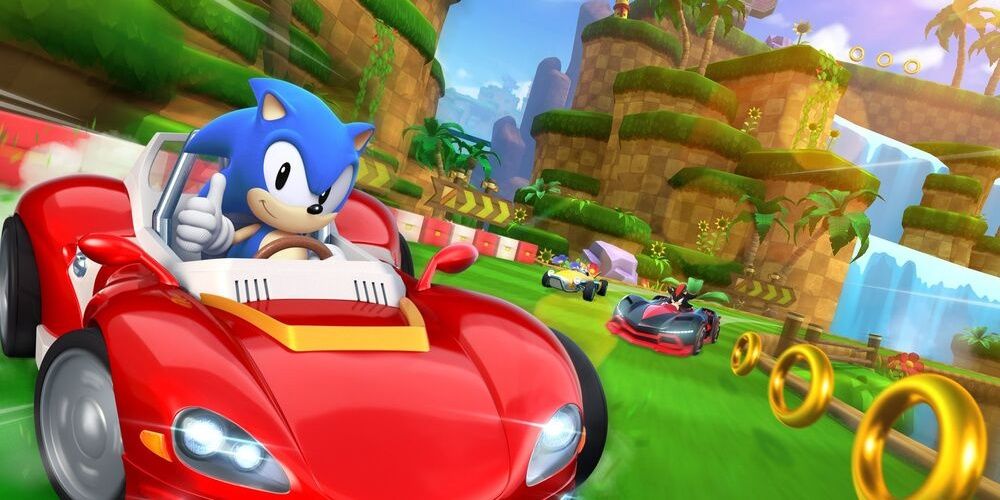 Classic Sonic drives a car through Green Hill