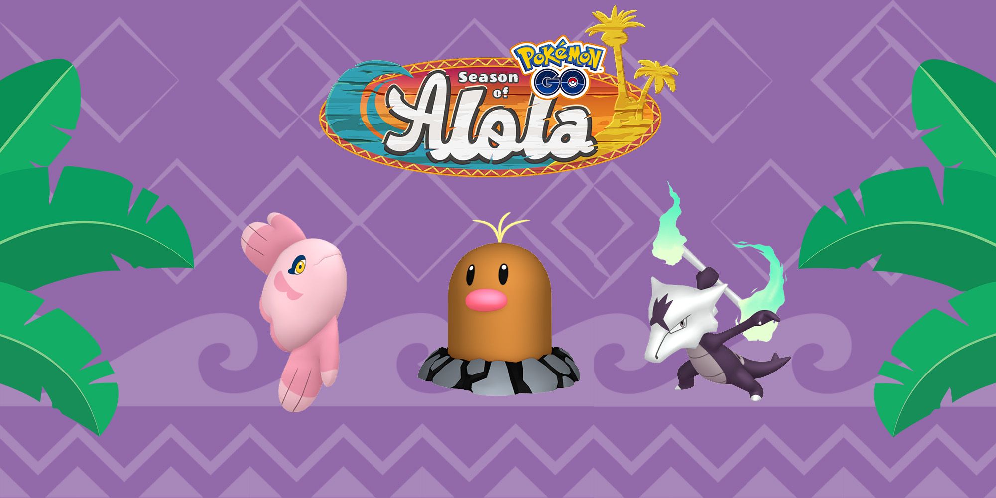 Image showing Alomomola, Alolan Diglett, and Alolan Marowak with the Season of Alola logo in Pokemon Go