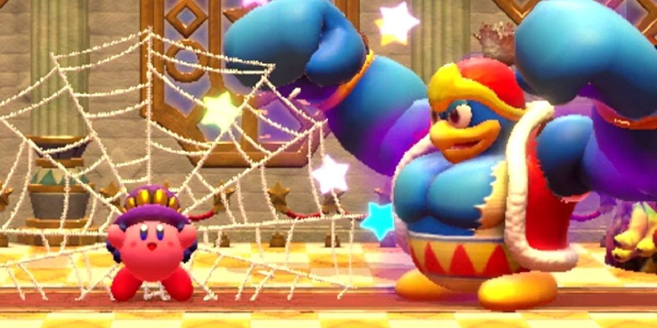 Spider Kirby Fighting King Dedede in Kirby Star Allies