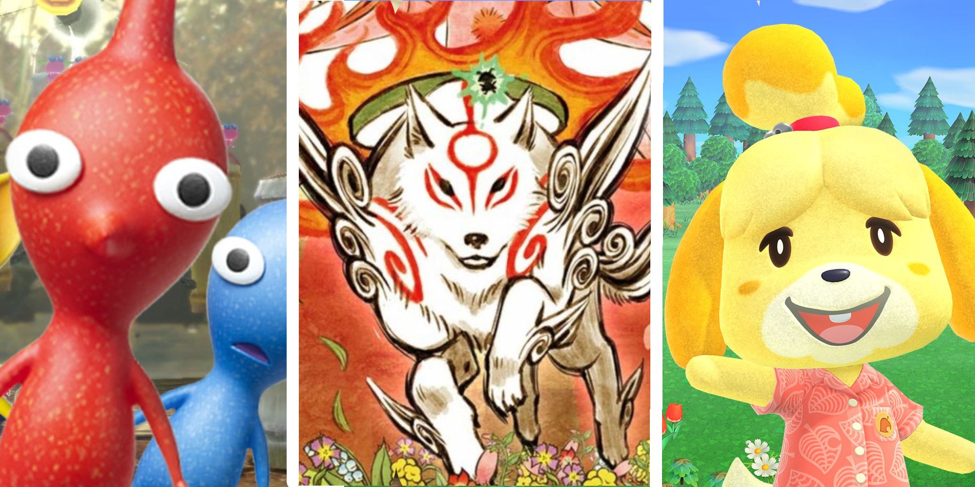 Spring Games Feature Image featuring Isabelle from Animal Crossing: New Horizons, Amaterasu from Okami, and a Pikmin