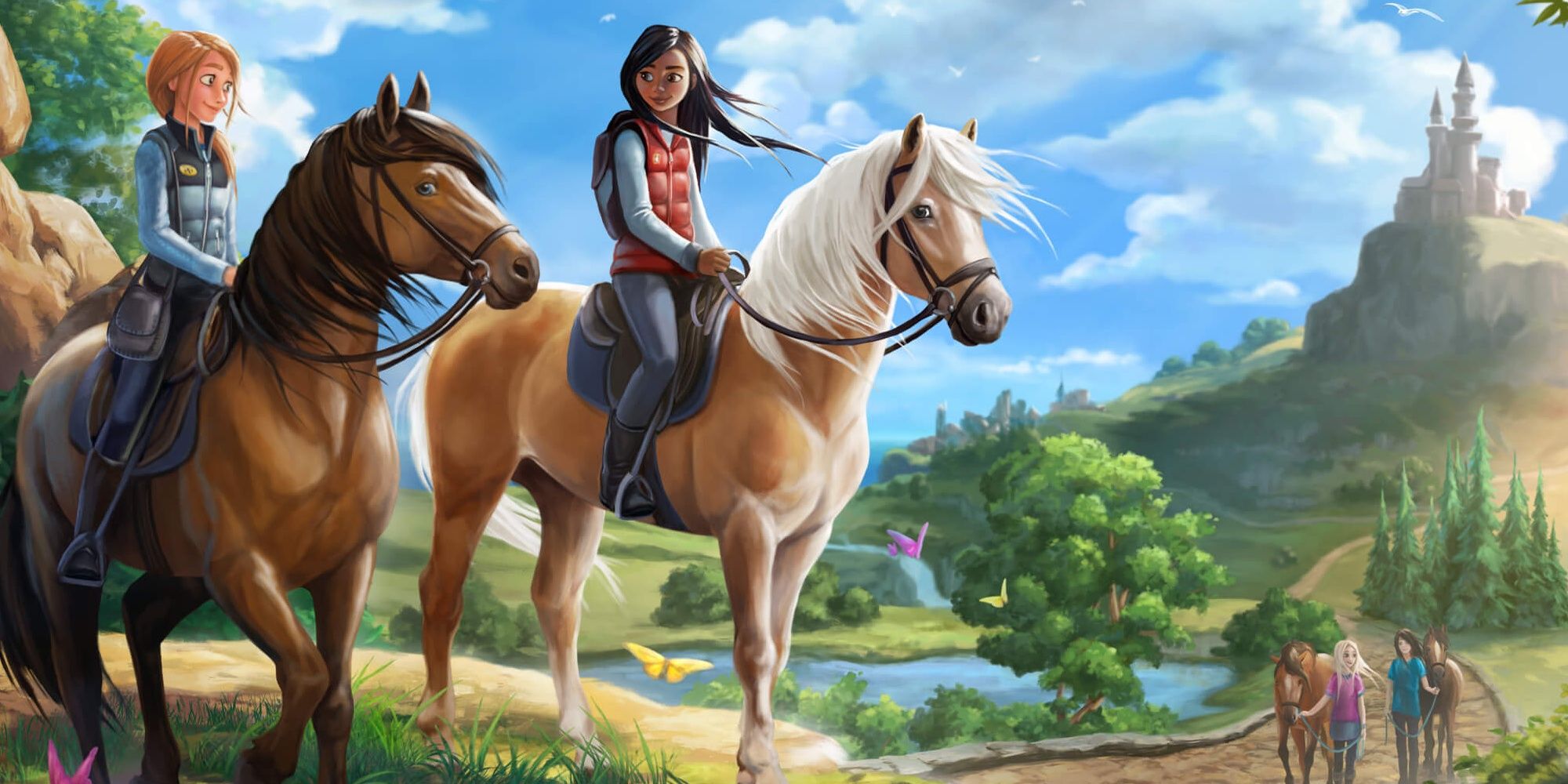 Star Stable Game: Two Players sit atop horses on the island of Jorvik