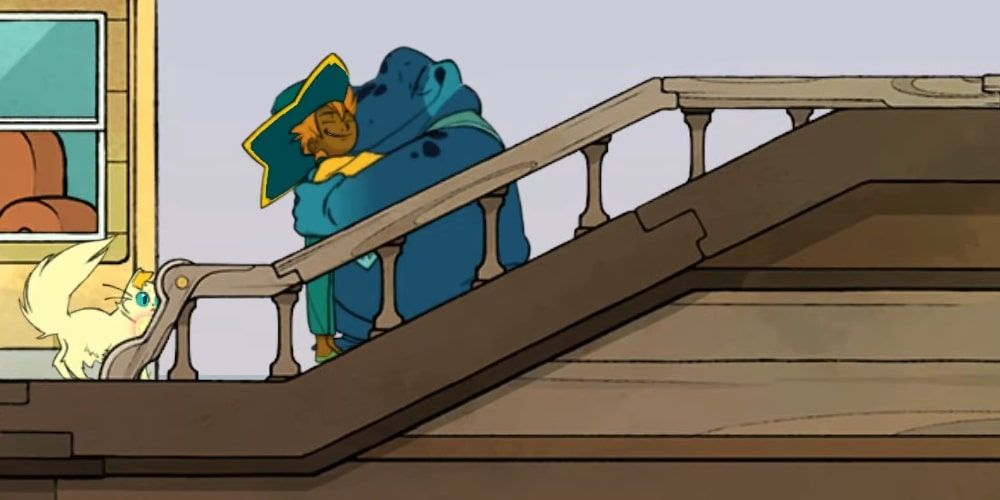 A screenshot of Stella hugging Atul with a cream-colored cat standing next to them in Spiritfarer.