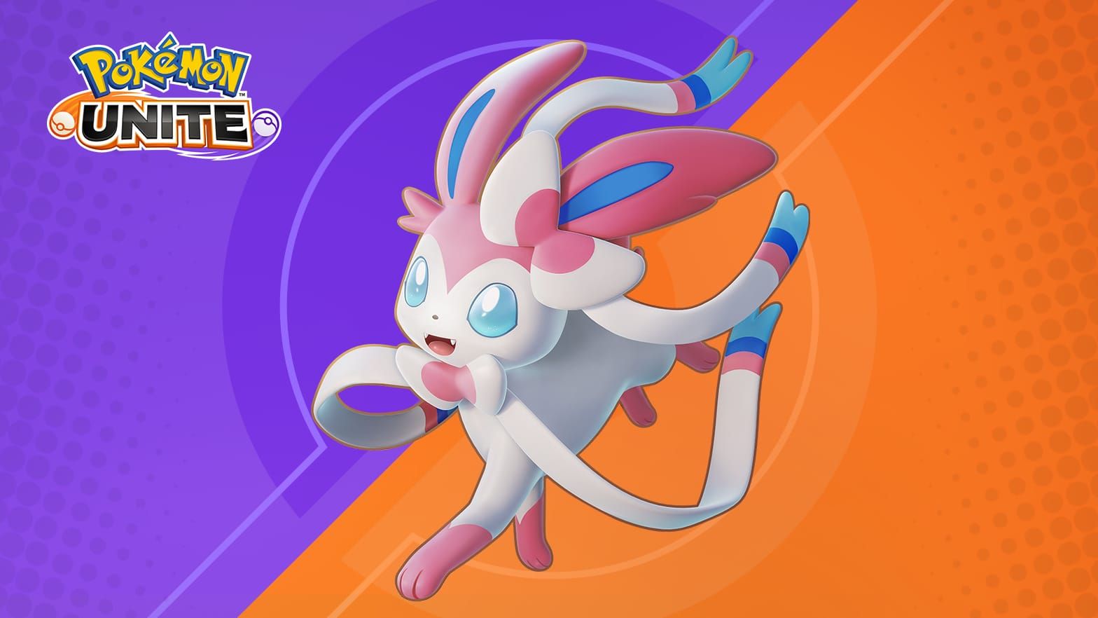 Image of Sylveon and the Pokemon Unite logo on a purple and orange background