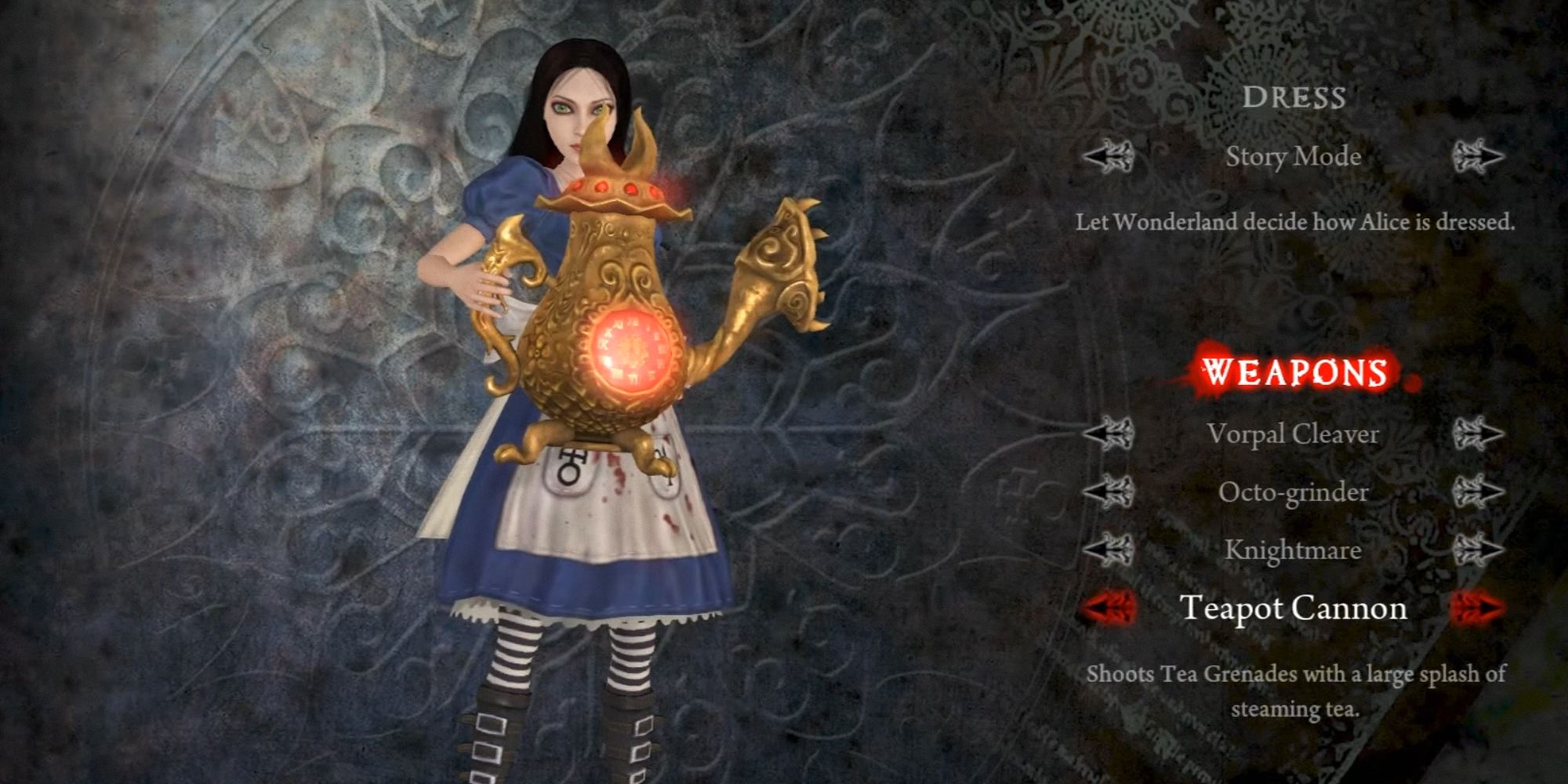 Alice Madness Returns, Alice holding the Teapot Cannon.