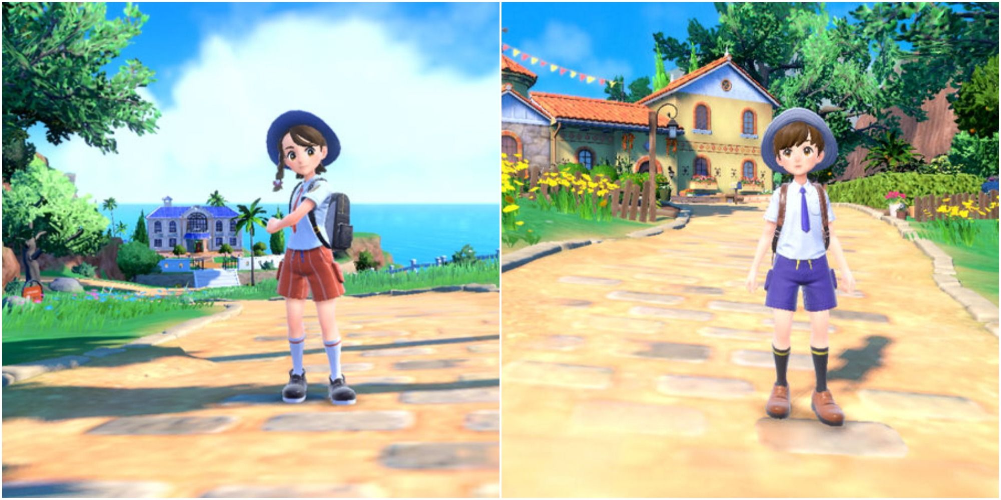 Split image screenshots of the main female character wearing orange and male character wearing purple standing behind large houses in Pokemon Scarlet and Pokemon Violet.