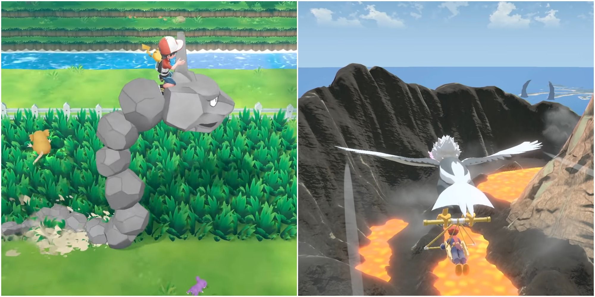 A split image of the male playable character in Pokemon Let’s Go Pikachu riding an Onix and the male playable character in Pokemon Legends: Arceus lying on a glider, flying with Braviary.