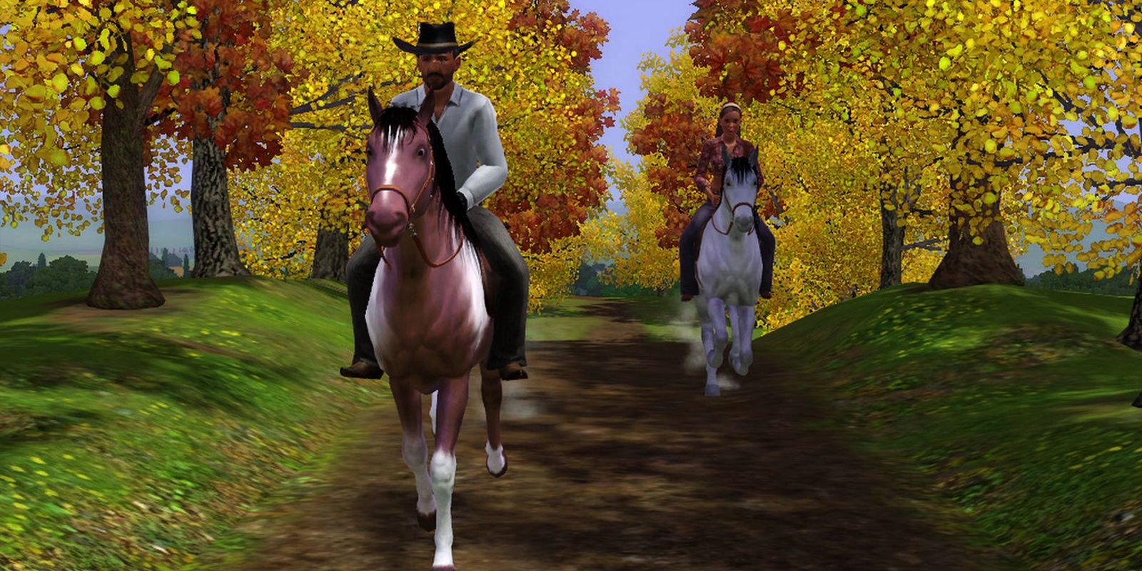 The Sims 3 Pets: 2 Sims Riding on Horses Down Trail.