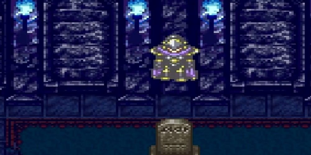 A screenshot of the spirit of Cyrus floating above his grave in Chrono Trigger.