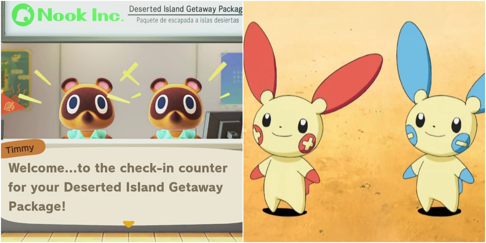 Split image screenshots of Timmy and Tommy welcoming you to your Deserted Island Getaway Package in New Horizons and Plusle and Minun in Pokemon.