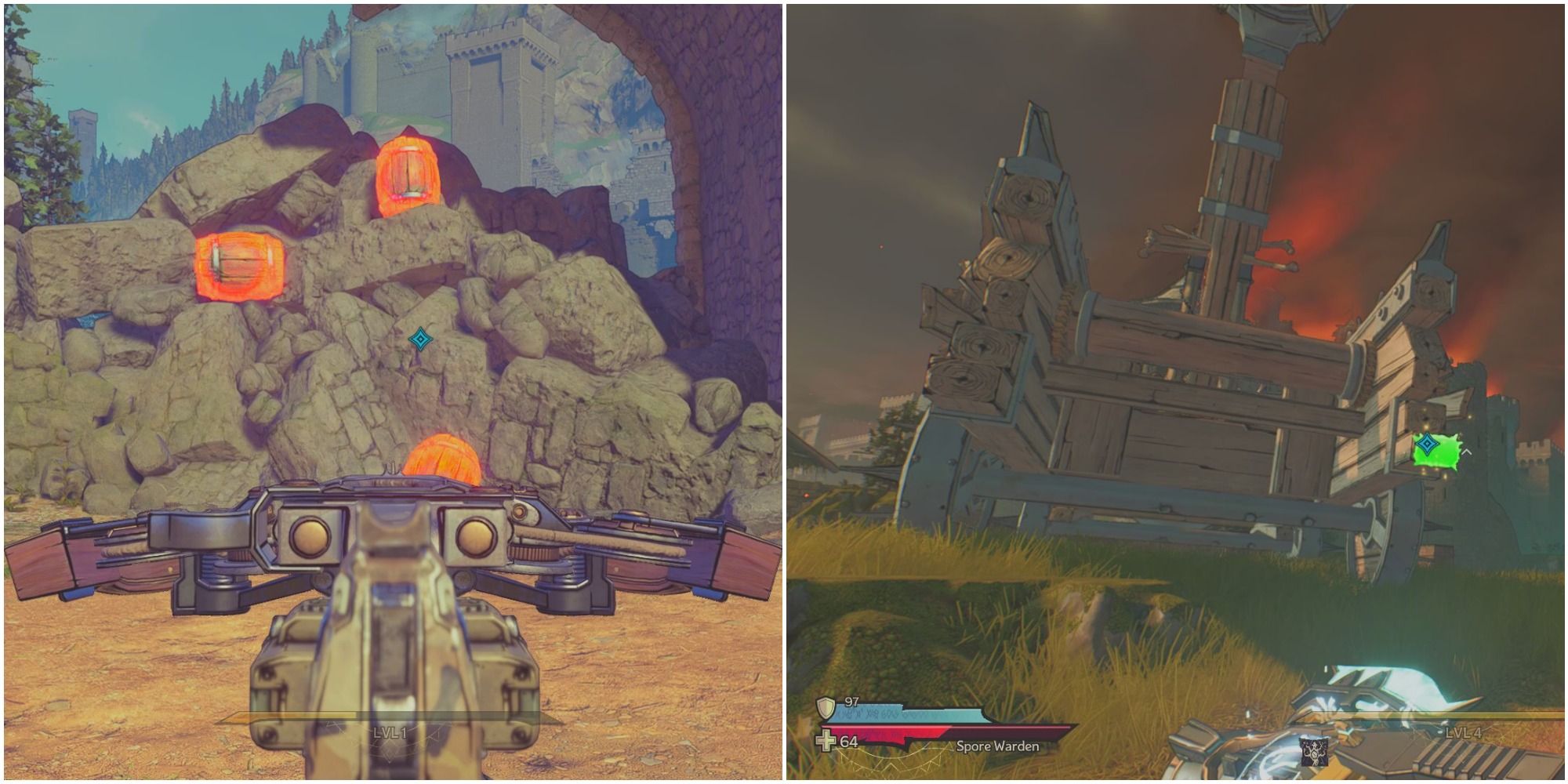 A split image from left to right: a crossbow aimed at explosive barrels on rubble and a wooden catapult with C4 attached to it