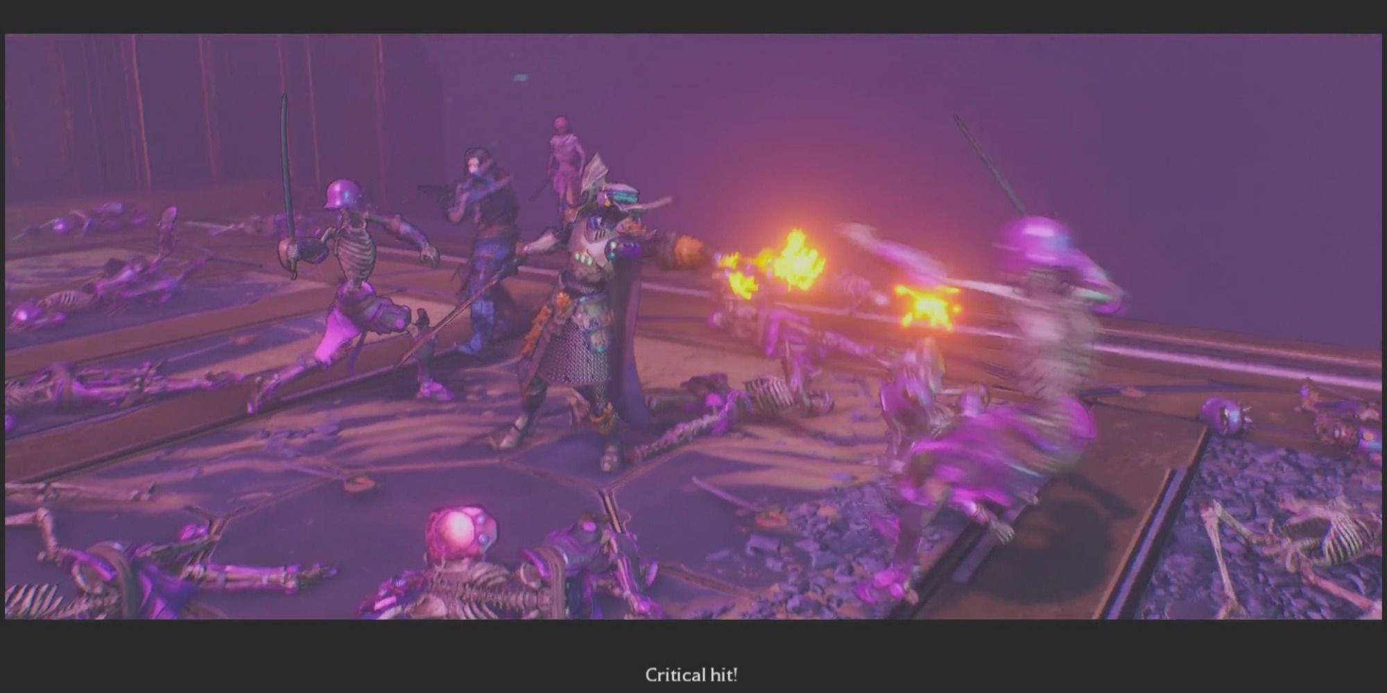 Frette fires a gun at an incoming Skeleton with a sword