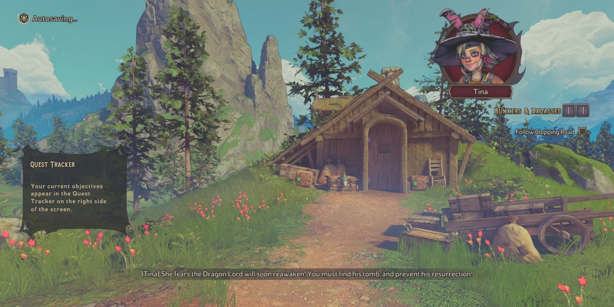 A wooden peasant hut with a wagon out front and loot crates piled around outside