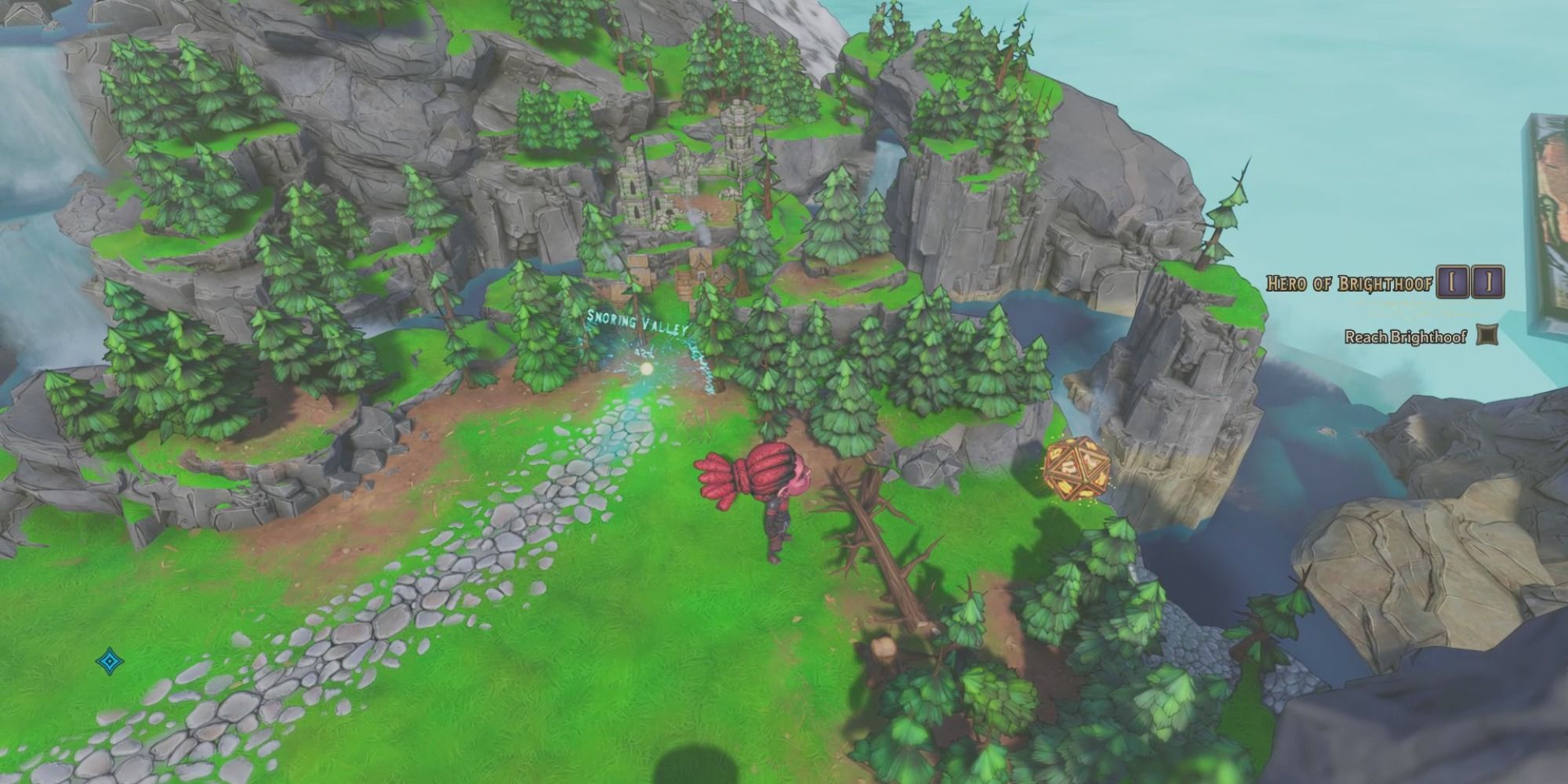 A spore warden looks at a Lucky Dice outside Snoring Valley in the Overworld