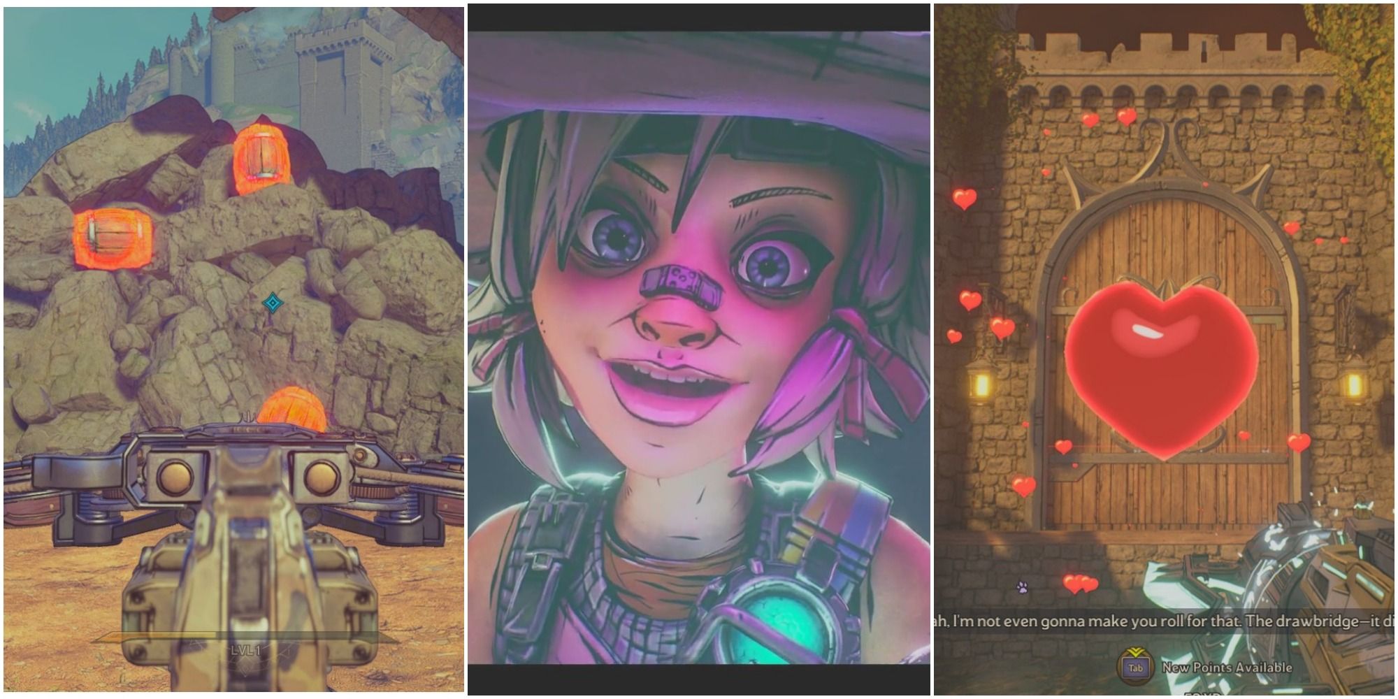 A split image from left to right: a crossbow aimed at explosive barrels on a rubble pile, Tiny Tina close up, a magical heart flying towards a closed draw bridge