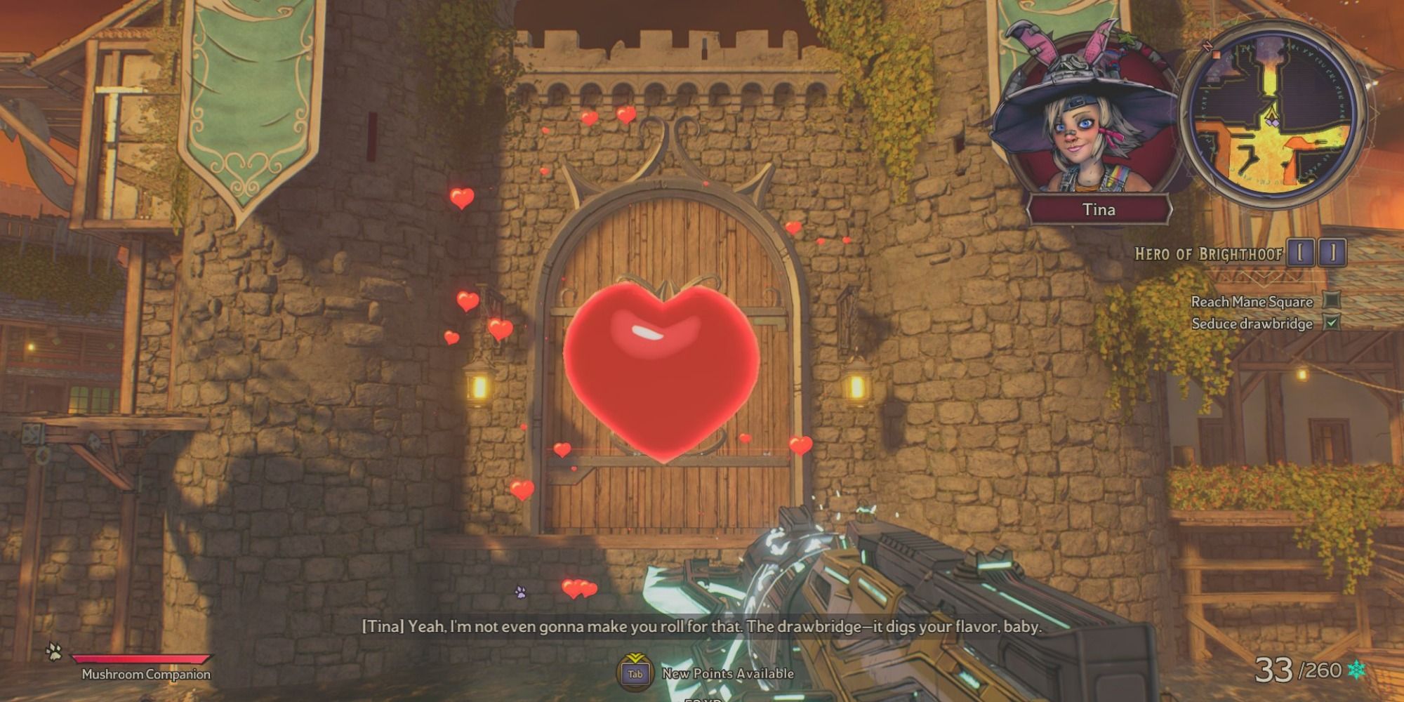 A glowing red heart floats towards a closed drawbridge of a castle