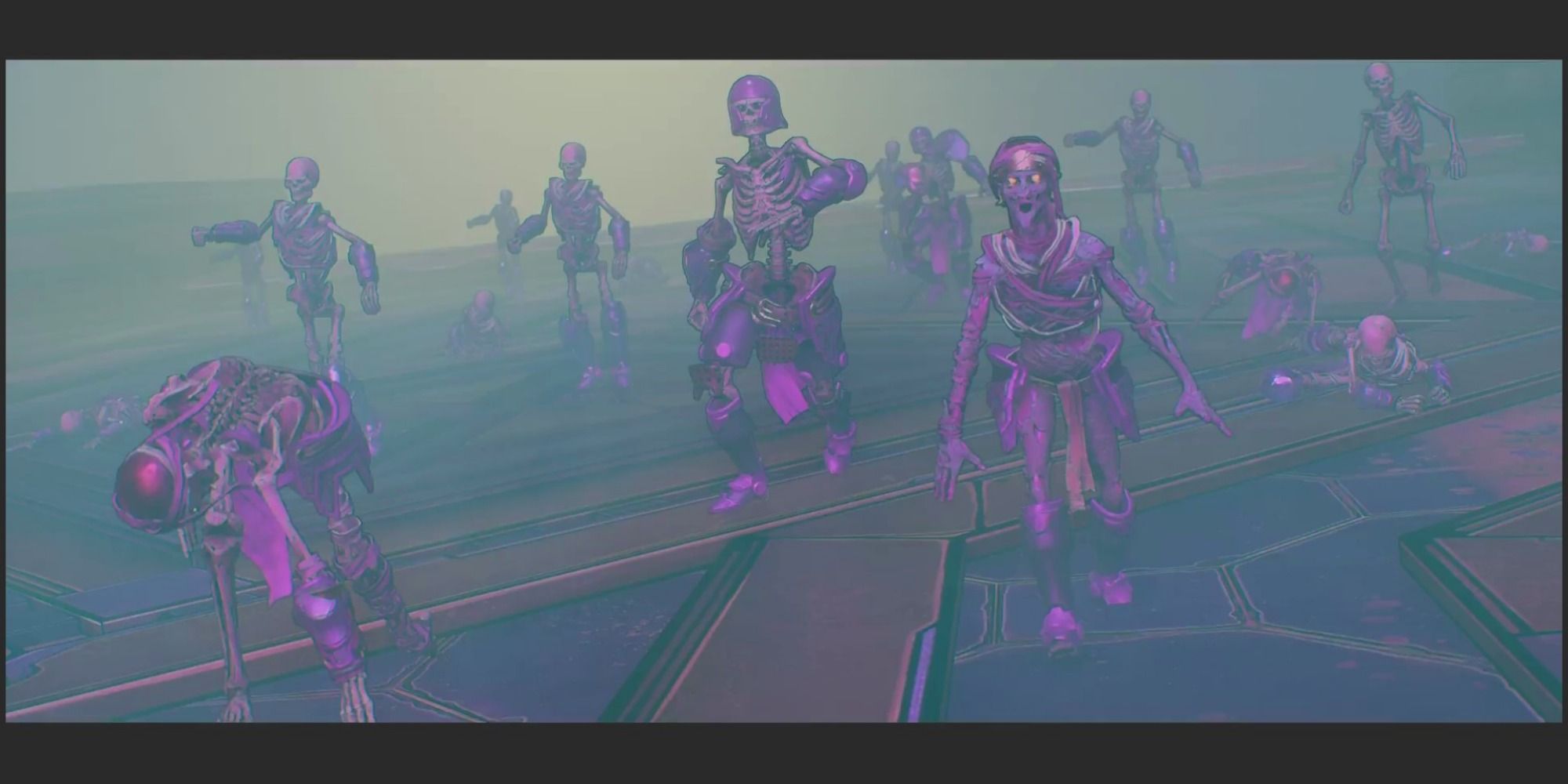 A horde of reanimated skeletons crawls up the side of a pyramid