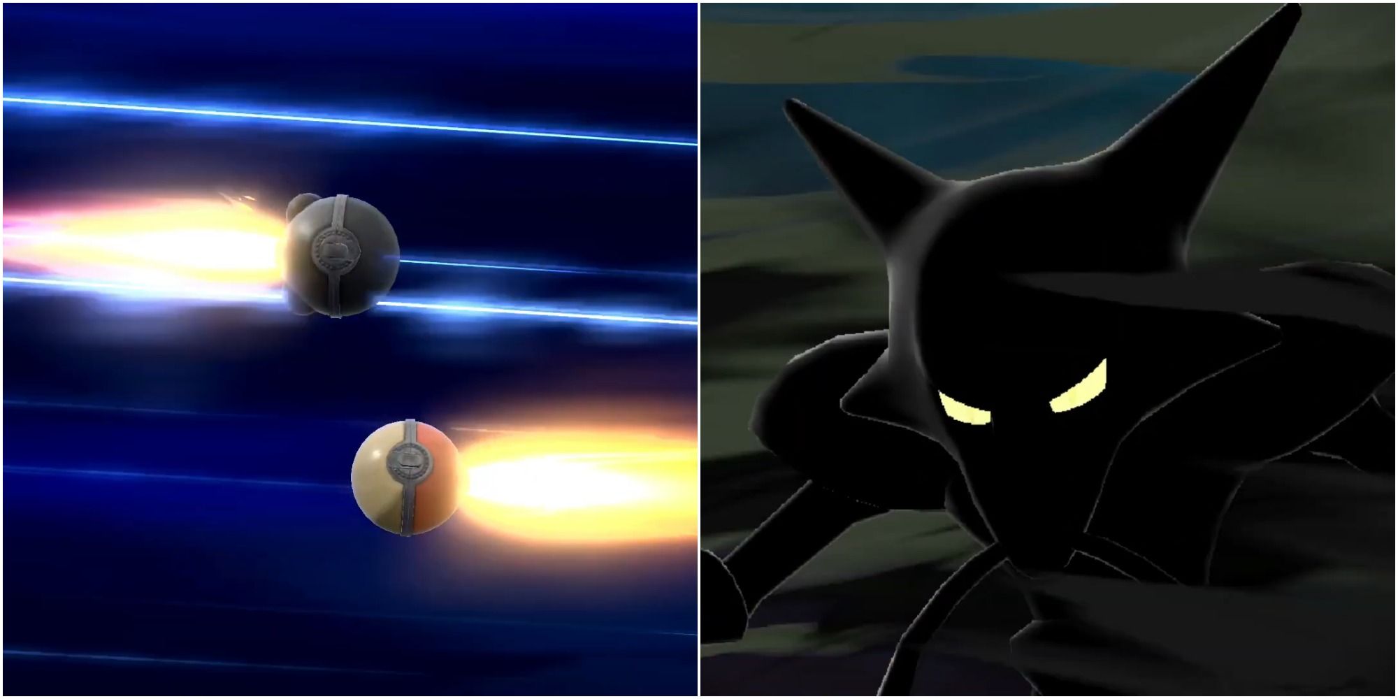 A split image of the trade animation in Pokemon Legends: Arceus and a close-up of Alakazam evolving.