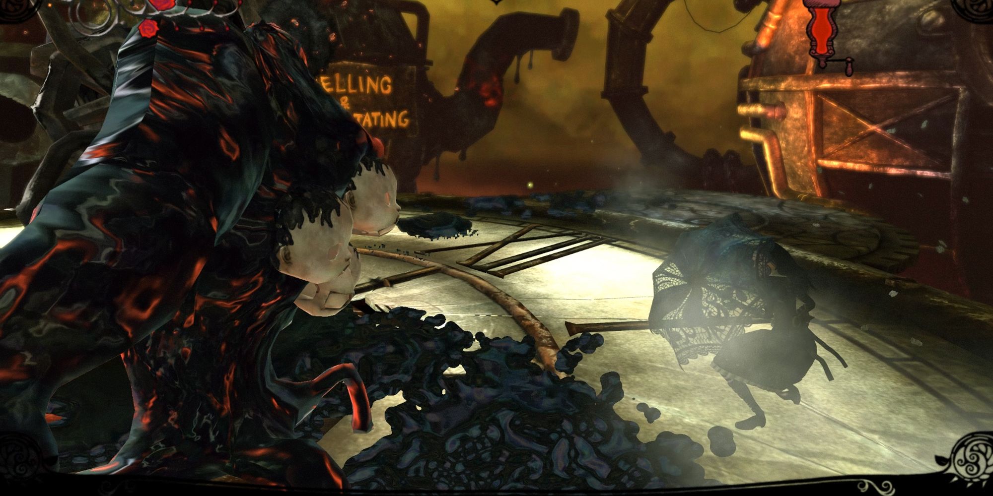 Alice Madness Returns, Alice blocking an attack with the Umbrella.