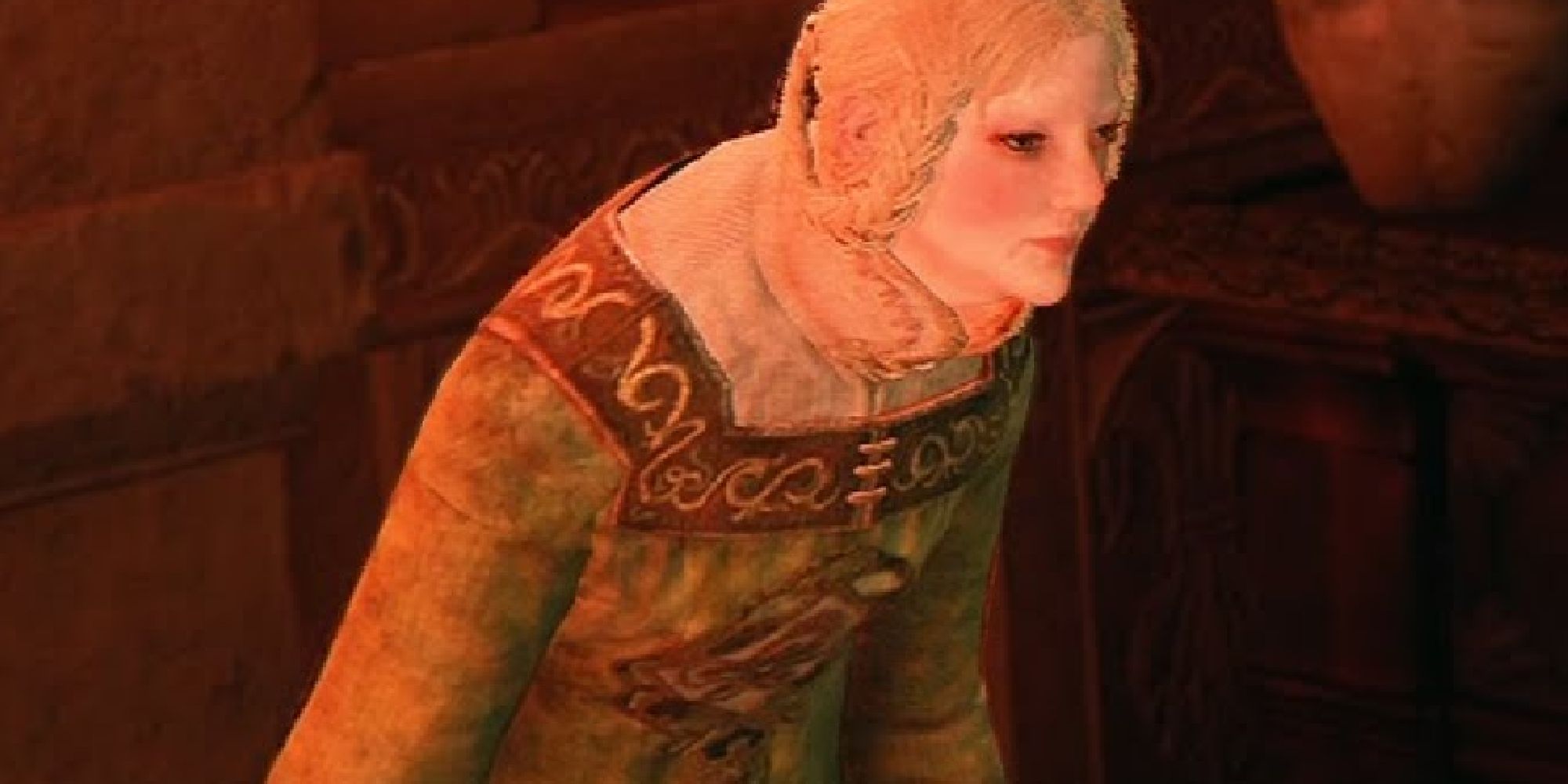 Volcano Manor Rya hunched over, speaking to the Tarnished