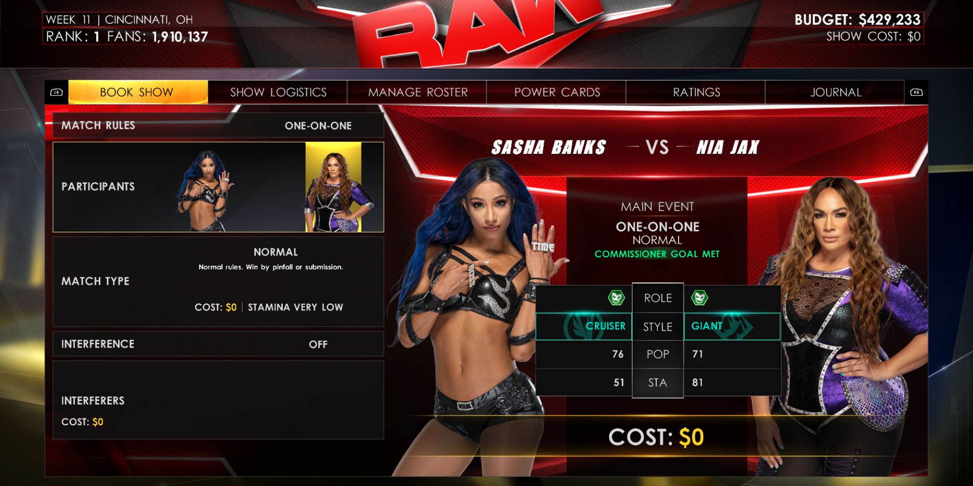WWE 2K22Screenshot Of MyGM Sasha Banks Against Nia Jax