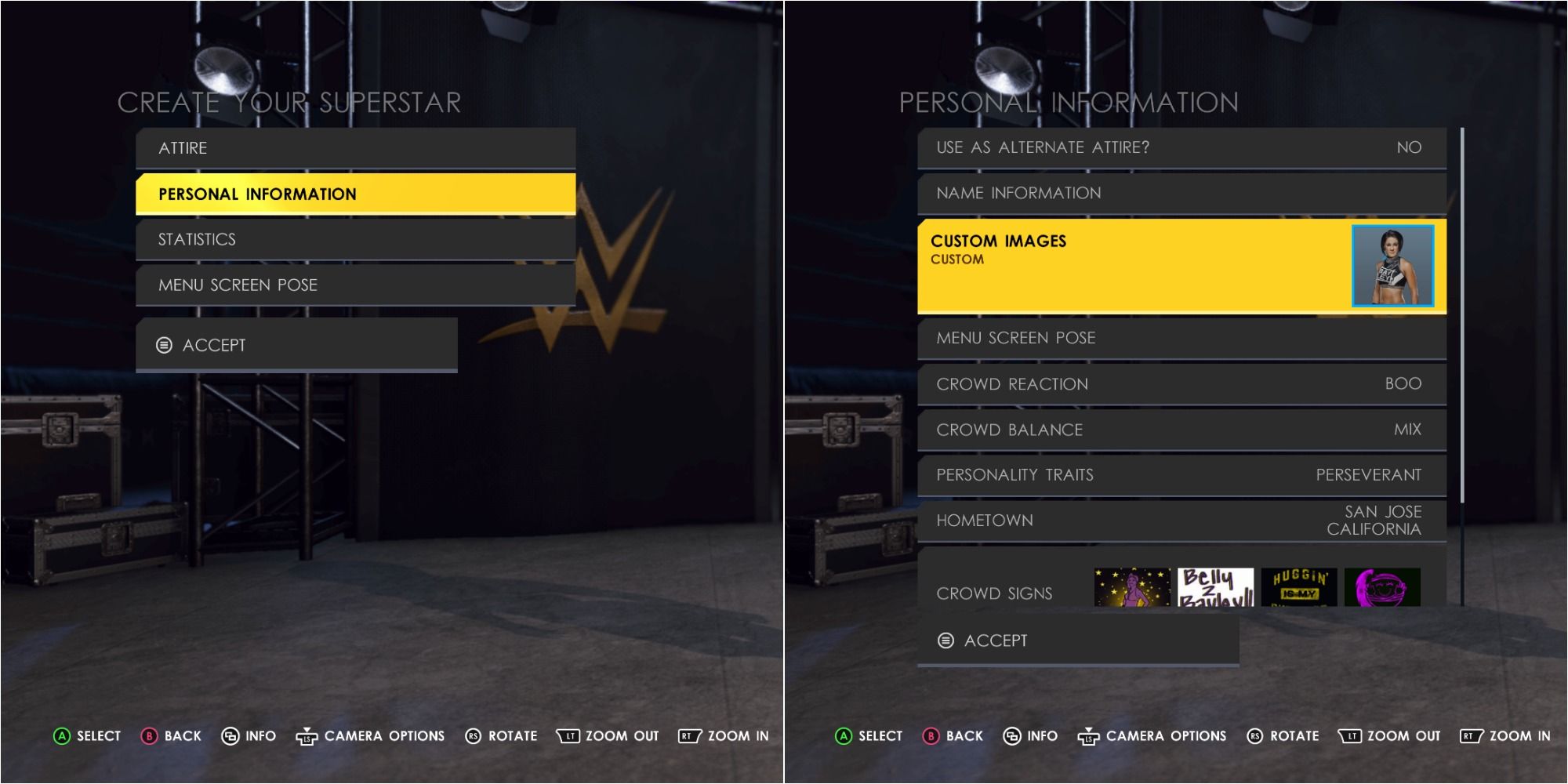 WWE 2K22 Split Image Of Personal Information and Custom Image Screens